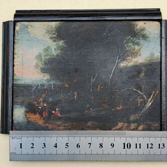 Flemish painting Oil on wood - Bucolic landscape in miniature