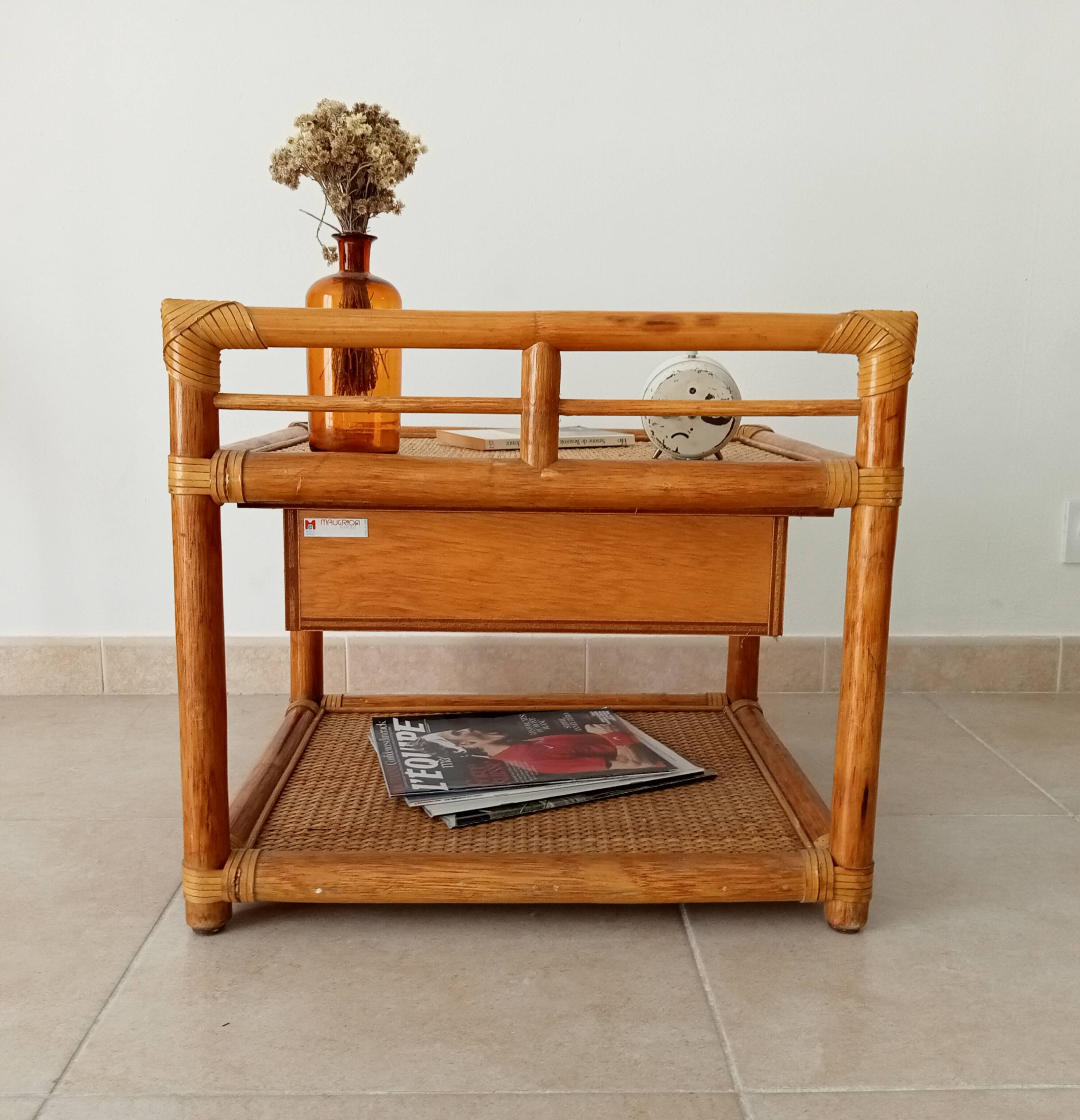 Vintage Maugrion side table in bamboo and rattan