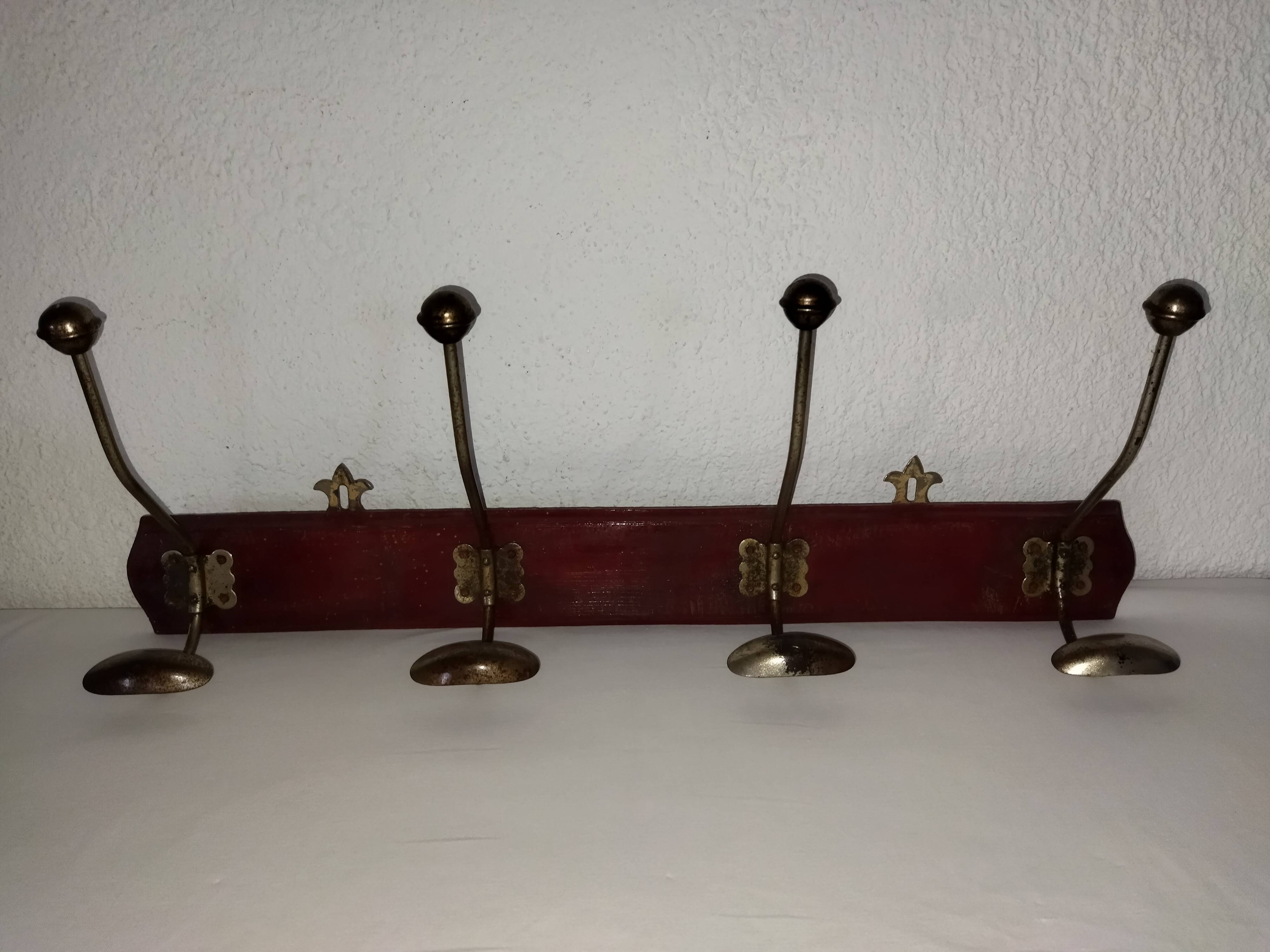 Old wall coat rack wood and iron 4 hooks