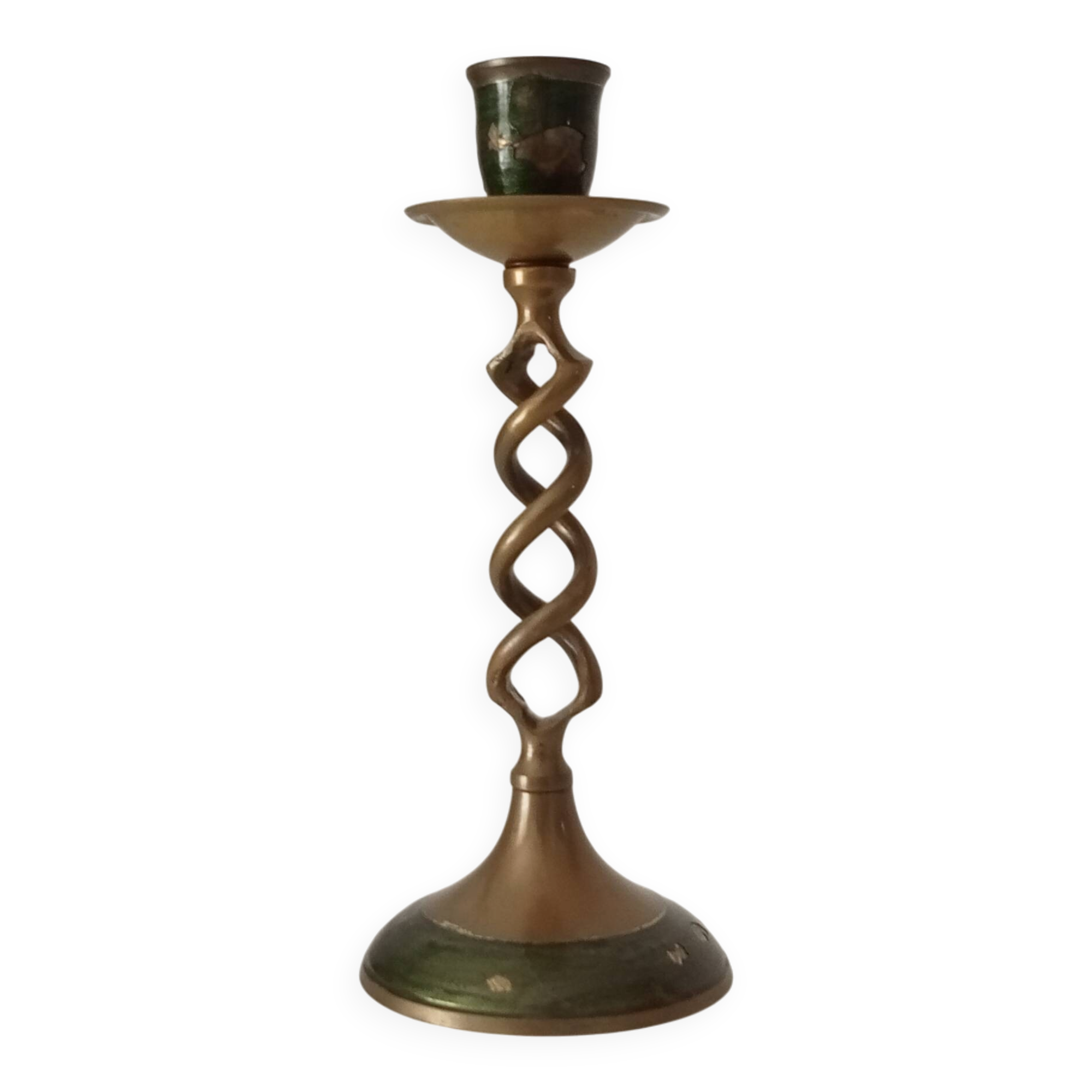 Twisted vintage candlestick in enamelled solid brass