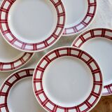 6 flat plates Badonviller ironstone with red geometric decoration