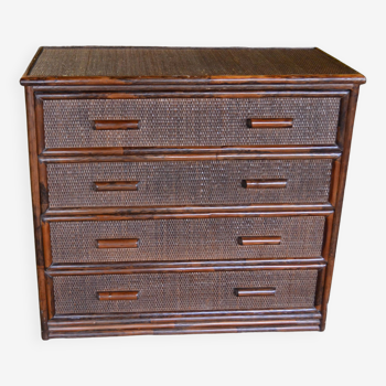 70s rattan and bamboo chest of drawers