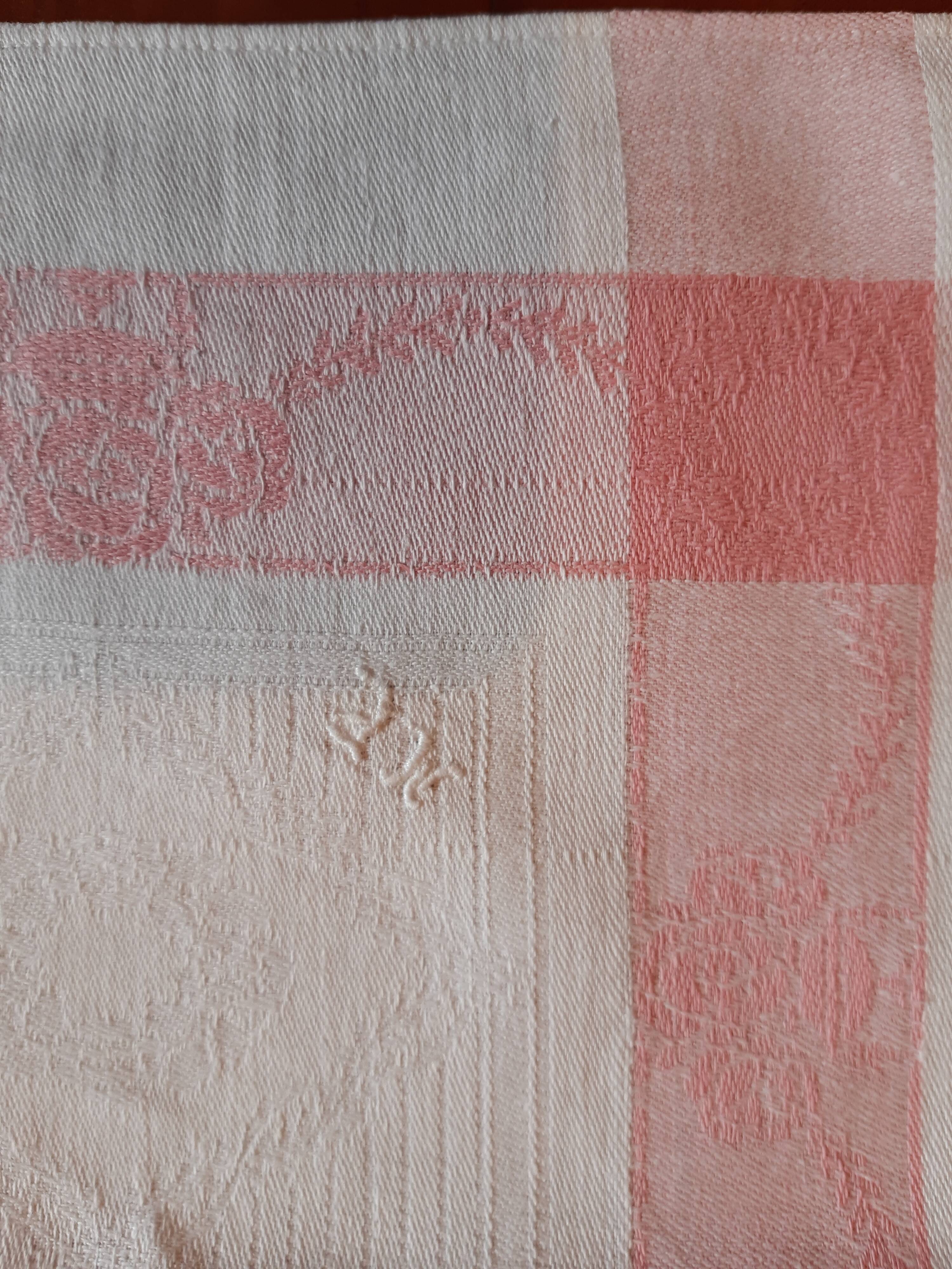 4 embroidered napkins on thread, tea service. Pink trim. Initials M.P.