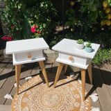 Pair of vintage bedside tables with high compass legs and top design
