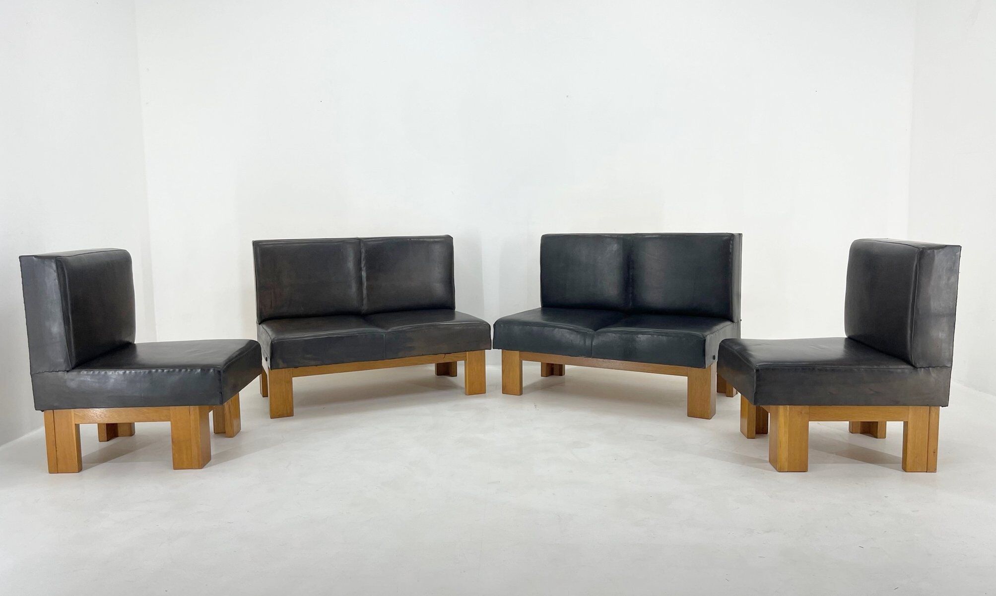 Leather & Oak Wood Modular Sofa and Chairs, 1970's