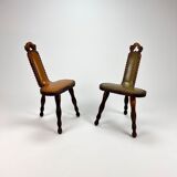 Set of 2 mid century brutalist oak tripod stools, 1960s