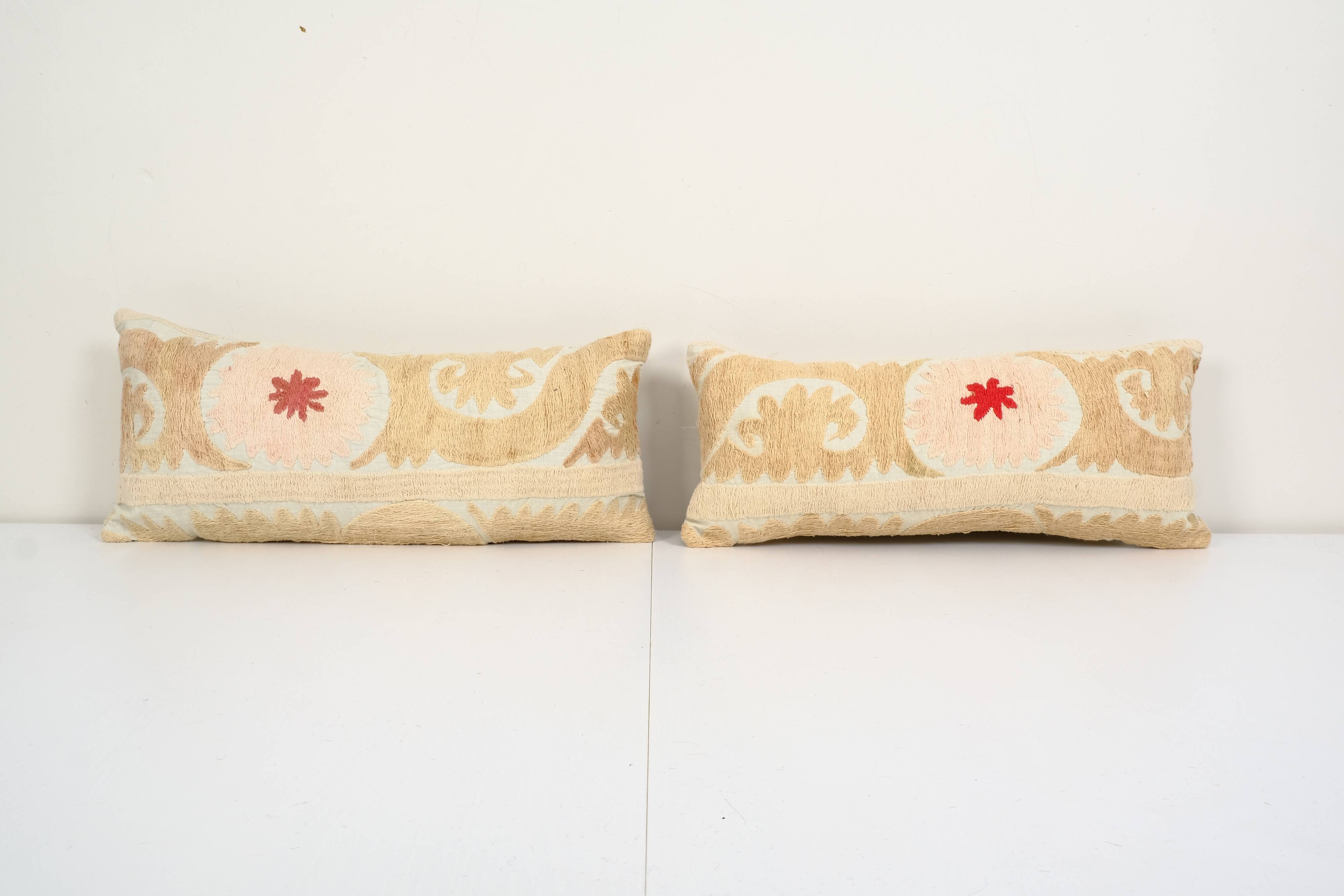8" x 20" set of two uzbek faded yellow suzani cushion cover, pair suzani pillow case made from