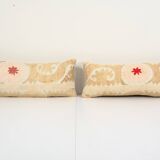 8" x 20" set of two uzbek faded yellow suzani cushion cover, pair suzani pillow case made from