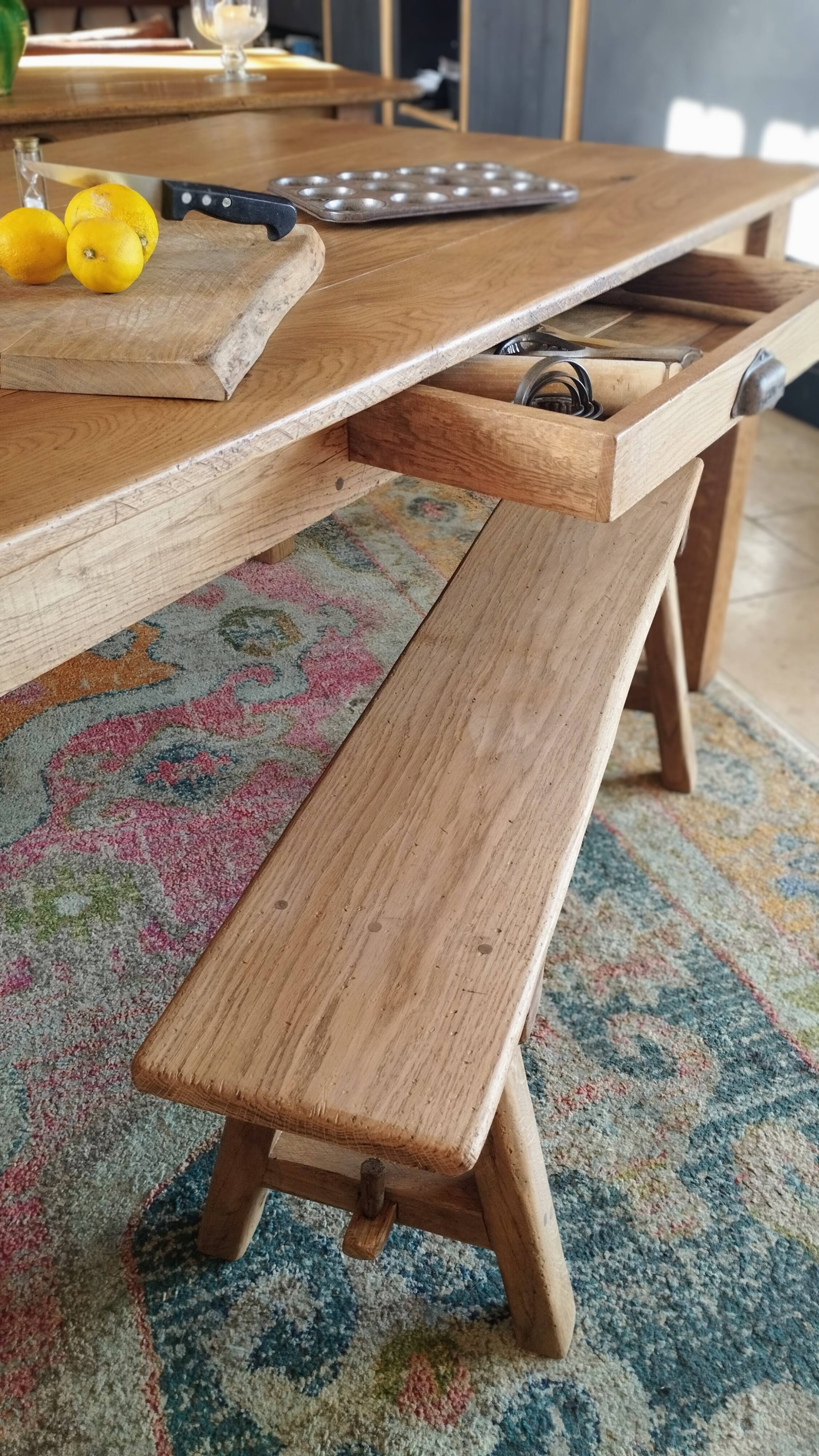"A frame" bench in solid oak, patinated.