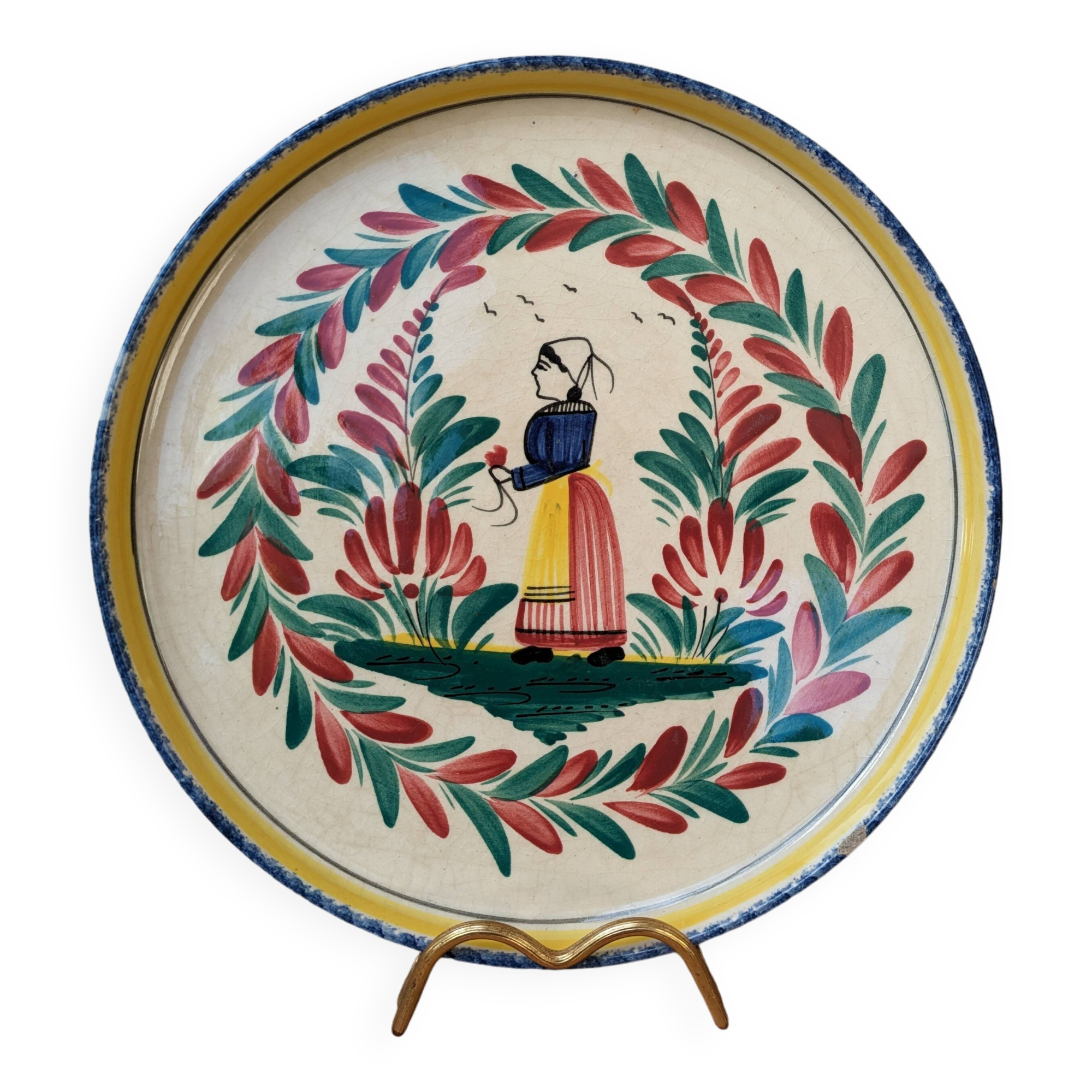 Old HB Henriot Quimper rimmed plate with Breton decor
