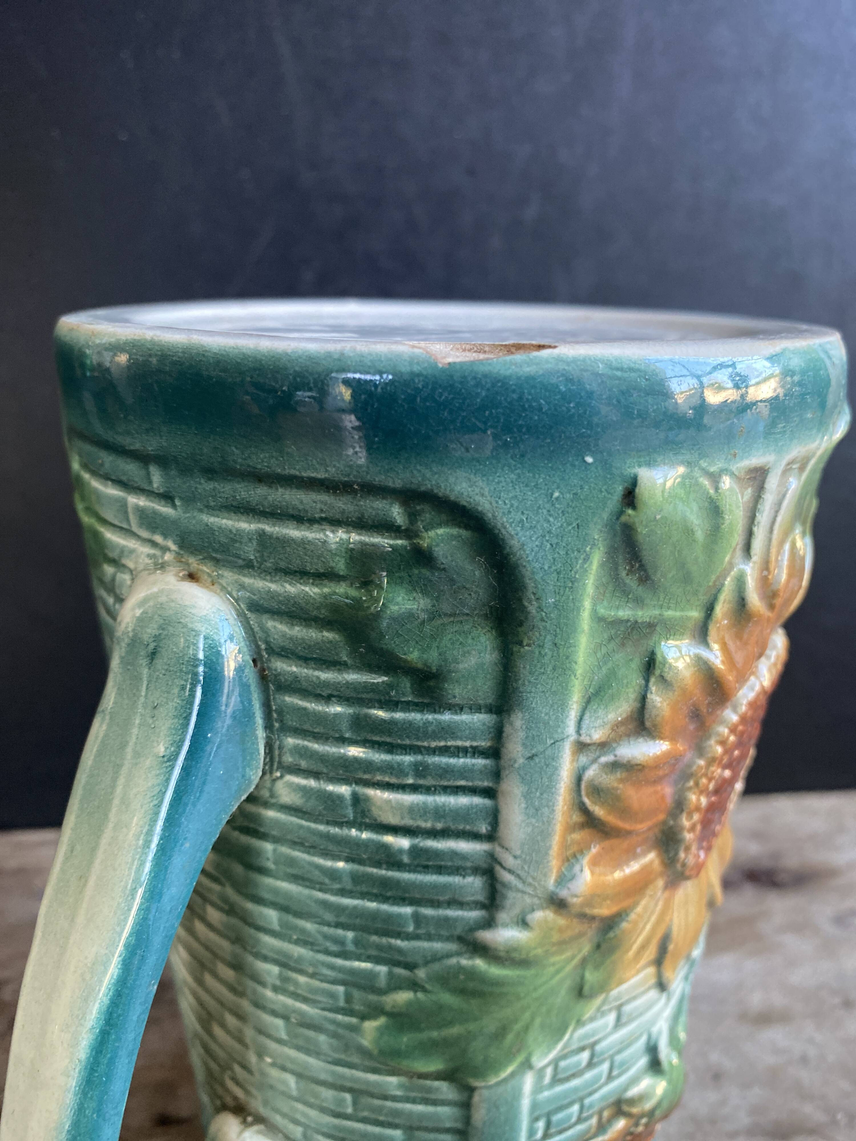 Vintage barbotine pitcher Onnaing Marguerite Sunflowers