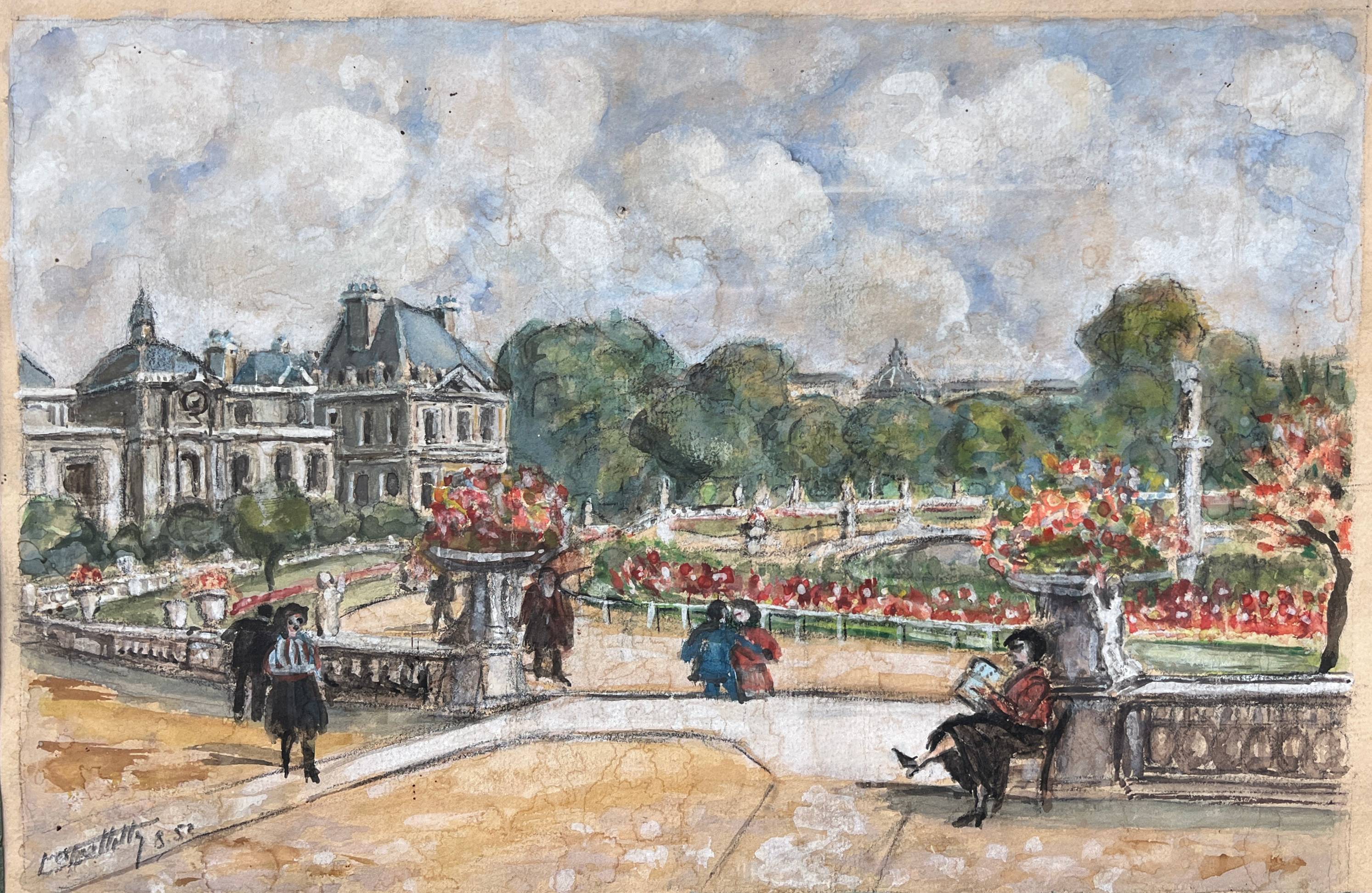 Watercolor painting "The animated Luxembourg garden" Paris in 1952 signed