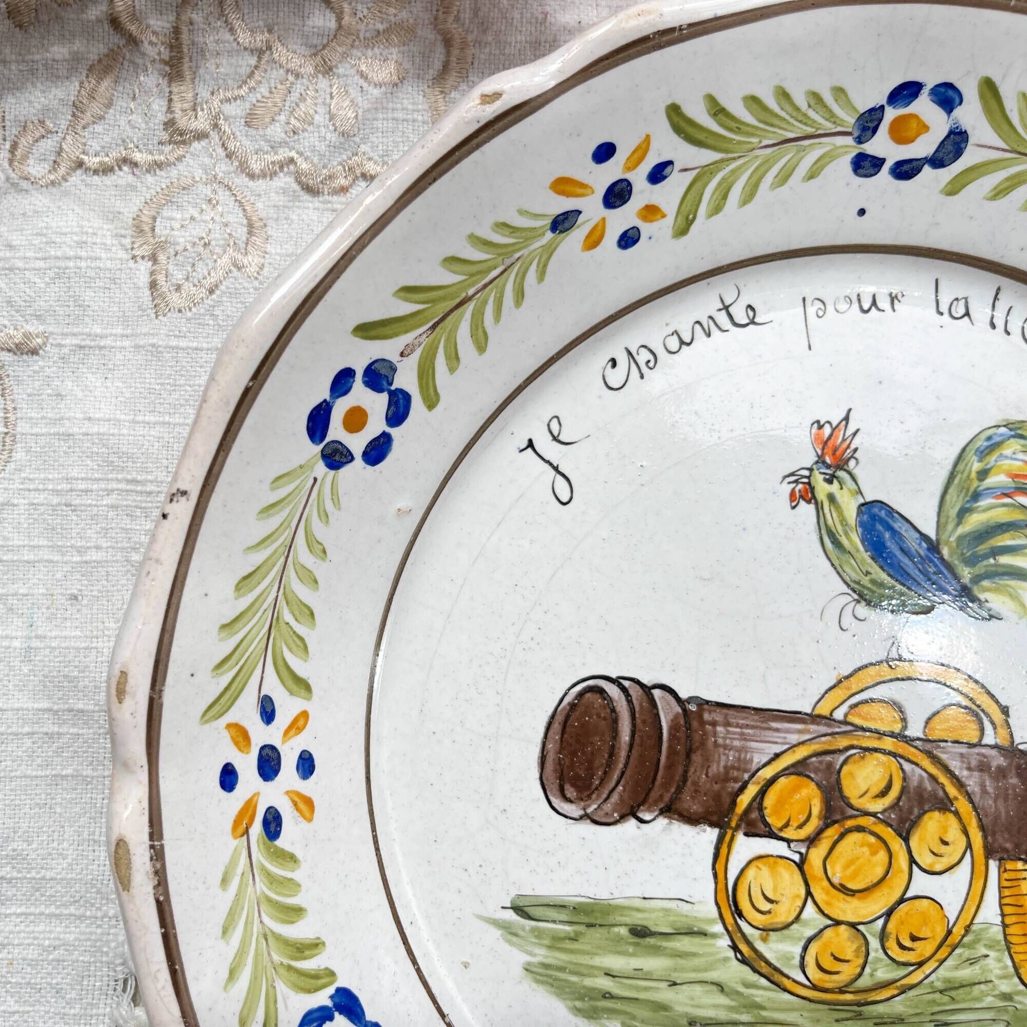 Antique French Earthenware Plate Revolutionary Rooster "I sing for freedom 1791" Nevers 19th century