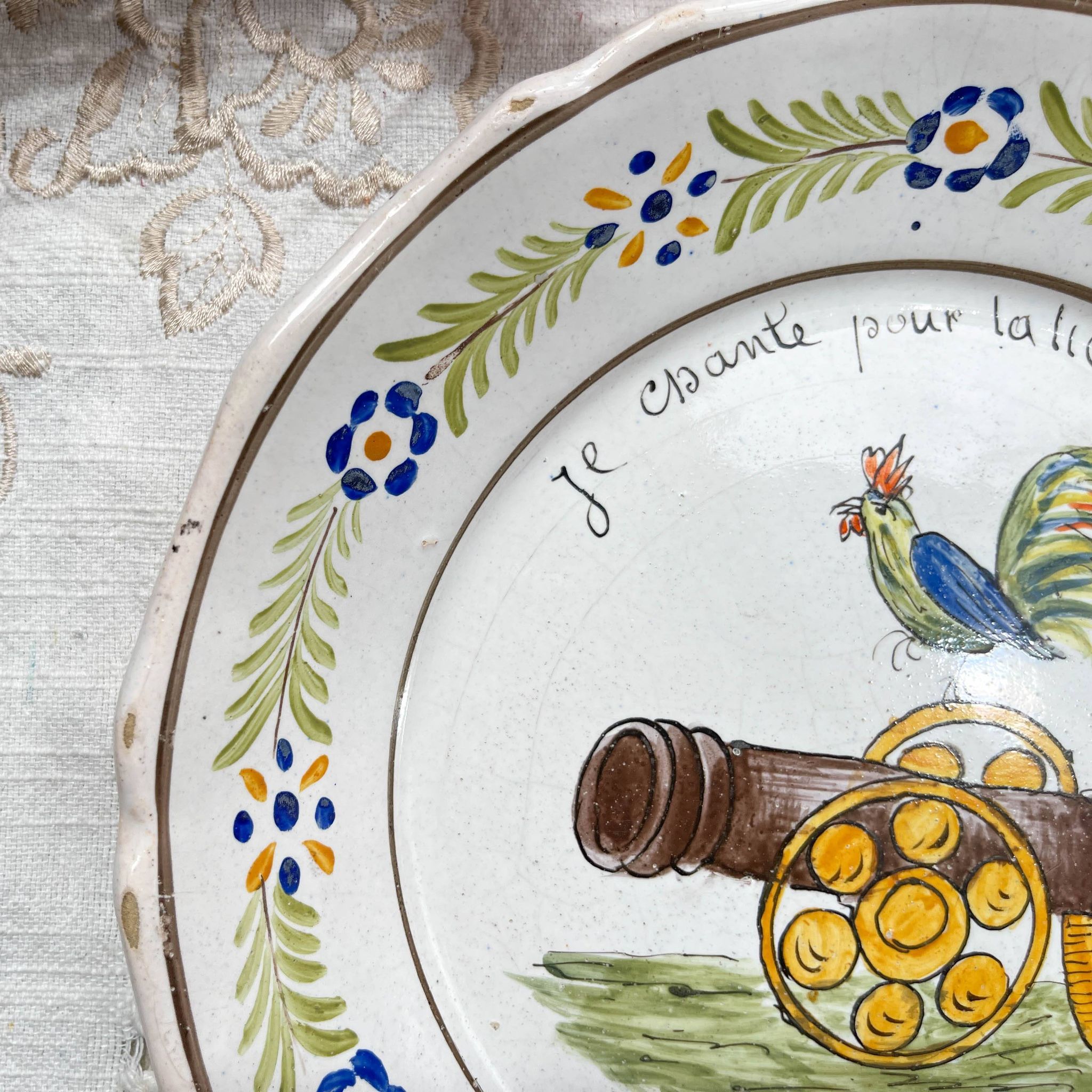 Antique French Earthenware Plate Revolutionary Rooster "I sing for freedom 1791" Nevers 19th century