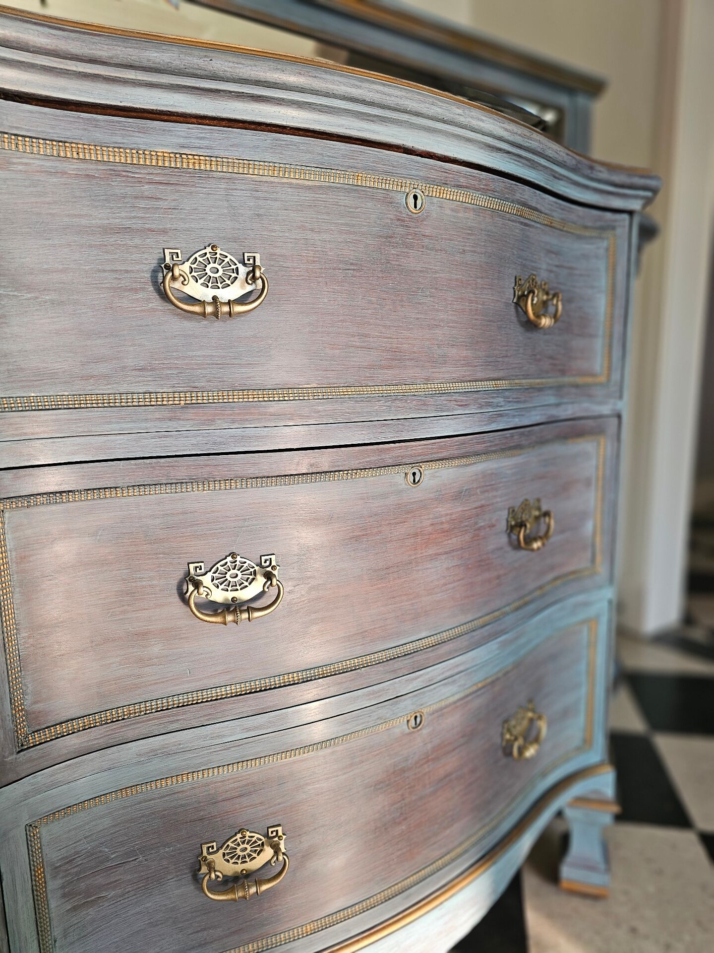 Antique English wooden commode with mirror.