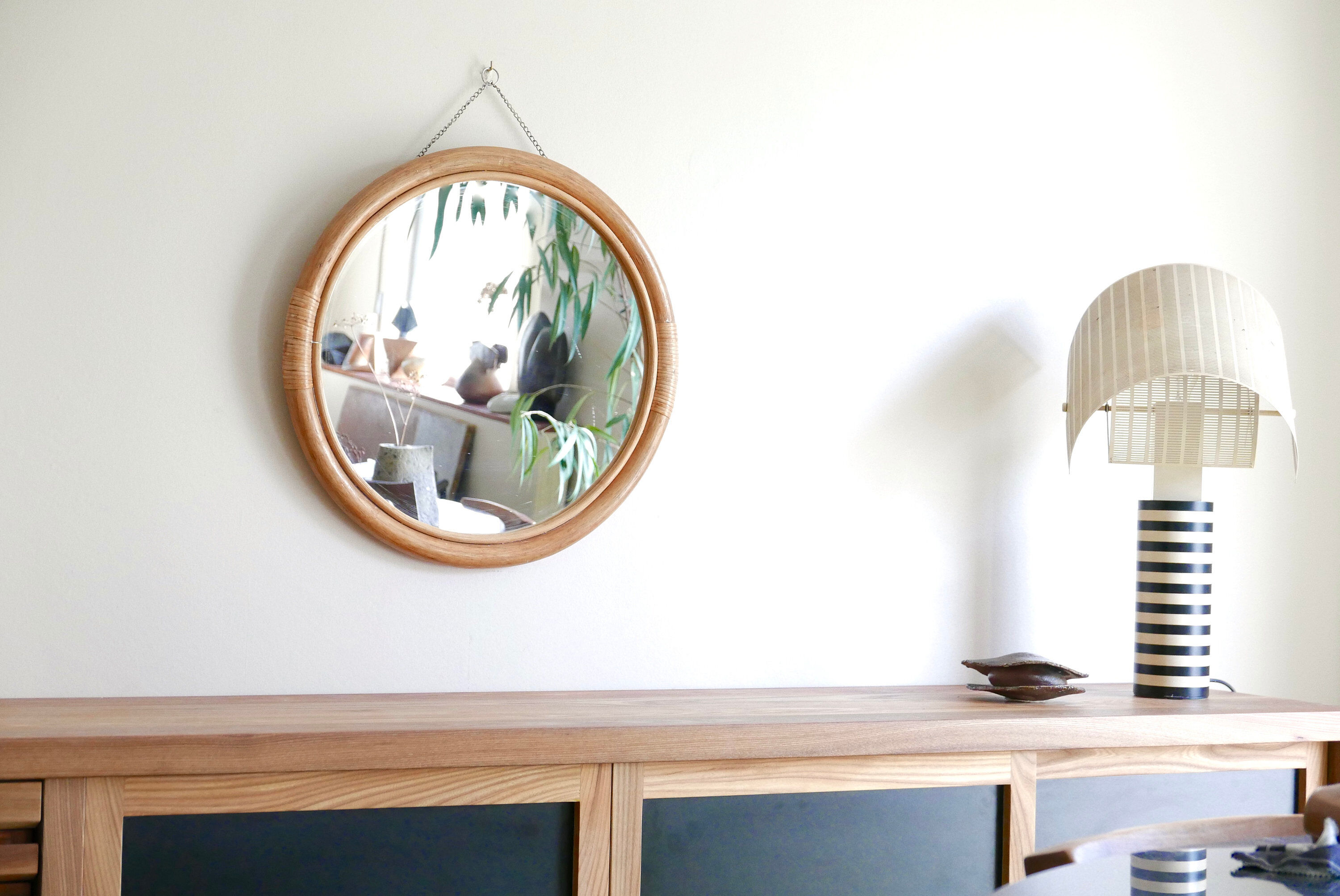 Large round mirror rattan bamboo, 50's