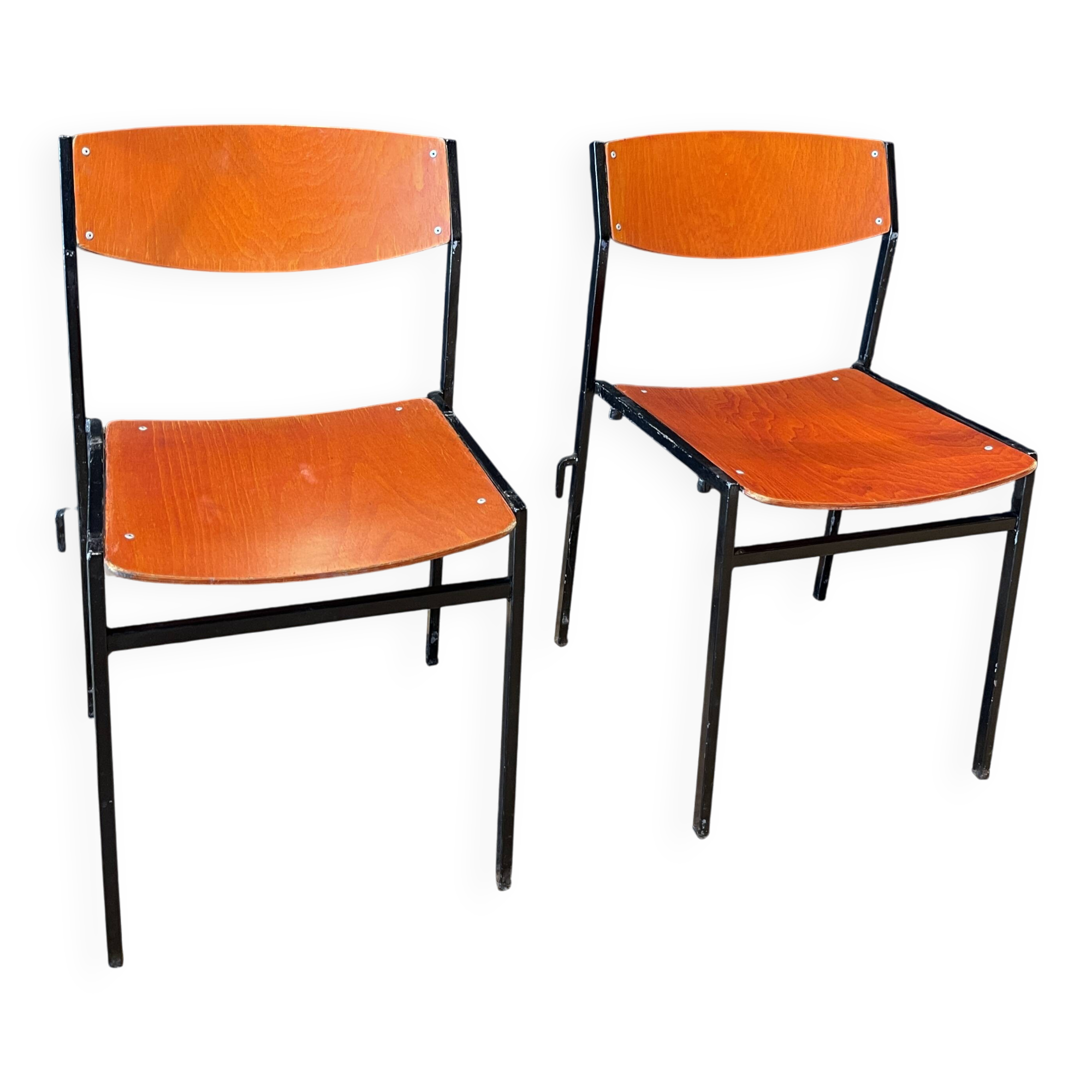 Pair of Gijs Van Der Sluis chairs in orange wood with black legs, Netherlands
