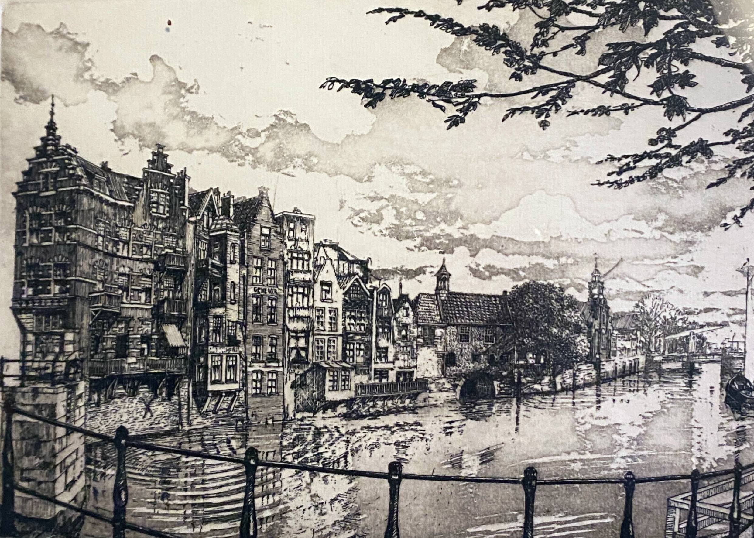 Engraving Rotterdam Delfshaven canal signed 28/250 + frame