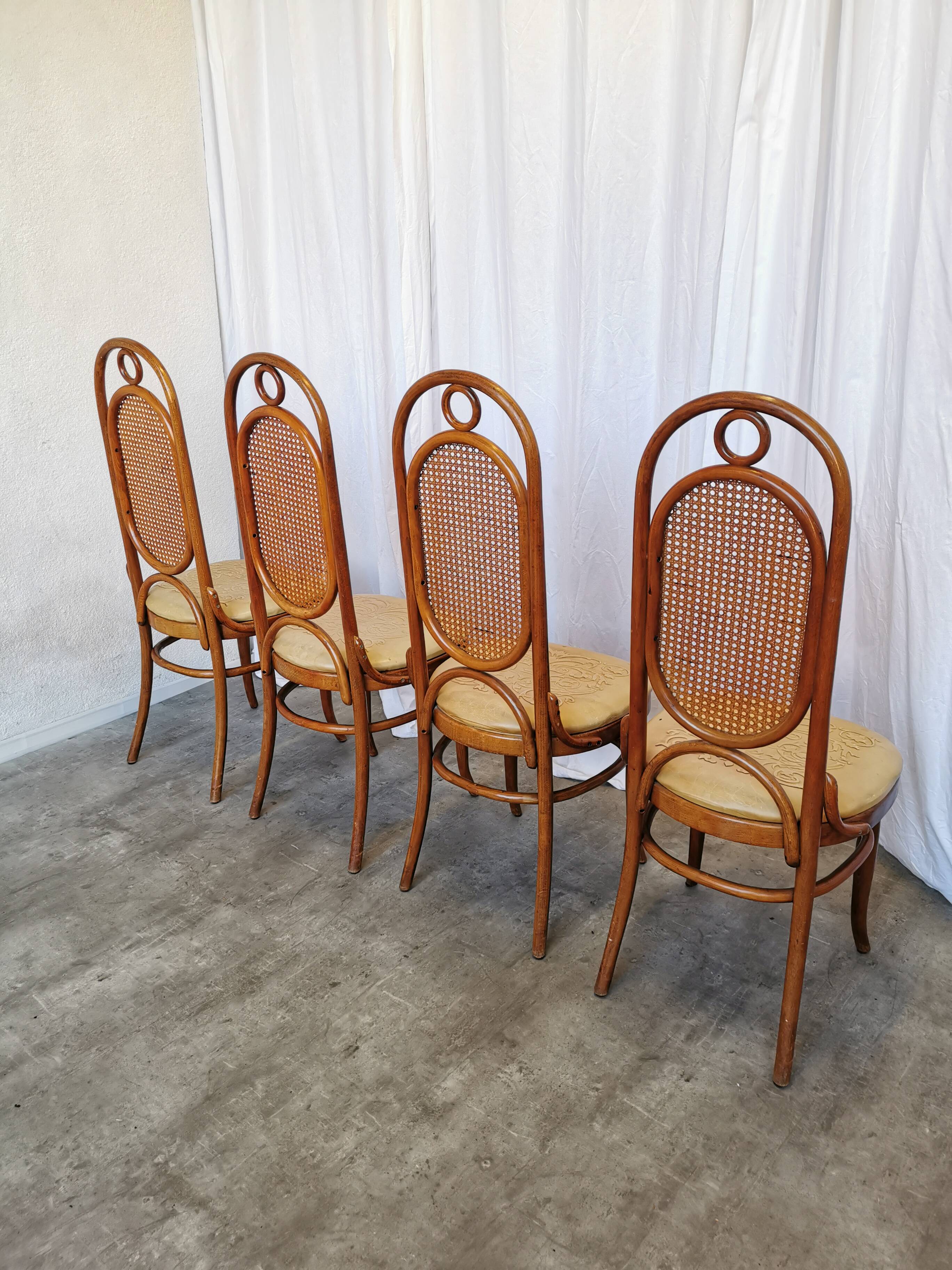 Set of 4 Vintage Bentwood Dining Chairs: Cane Back, Leather Seat, Thonet St