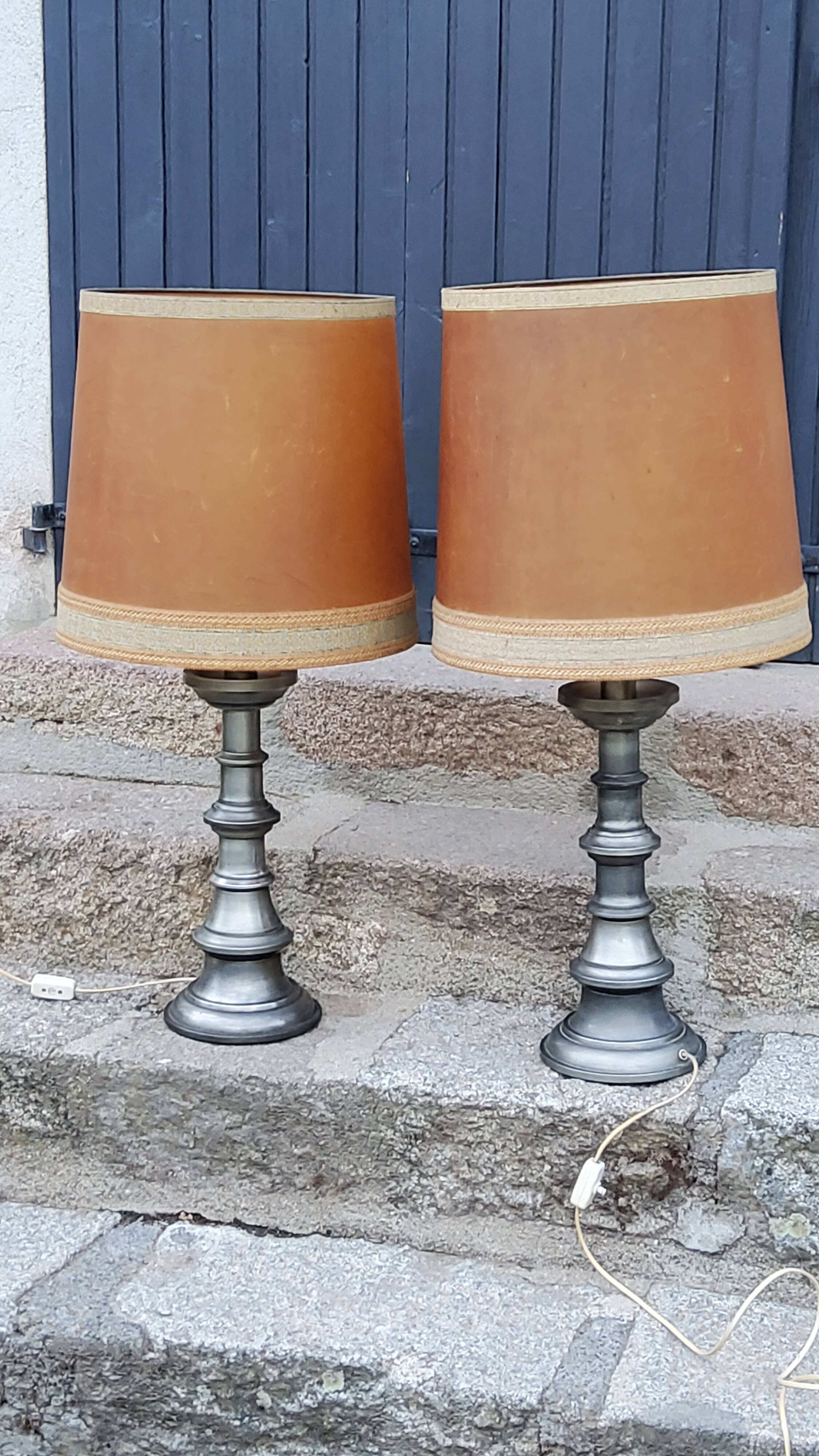 Pair of 70s Kaiser Leuchten lamps in brushed metal with original shades