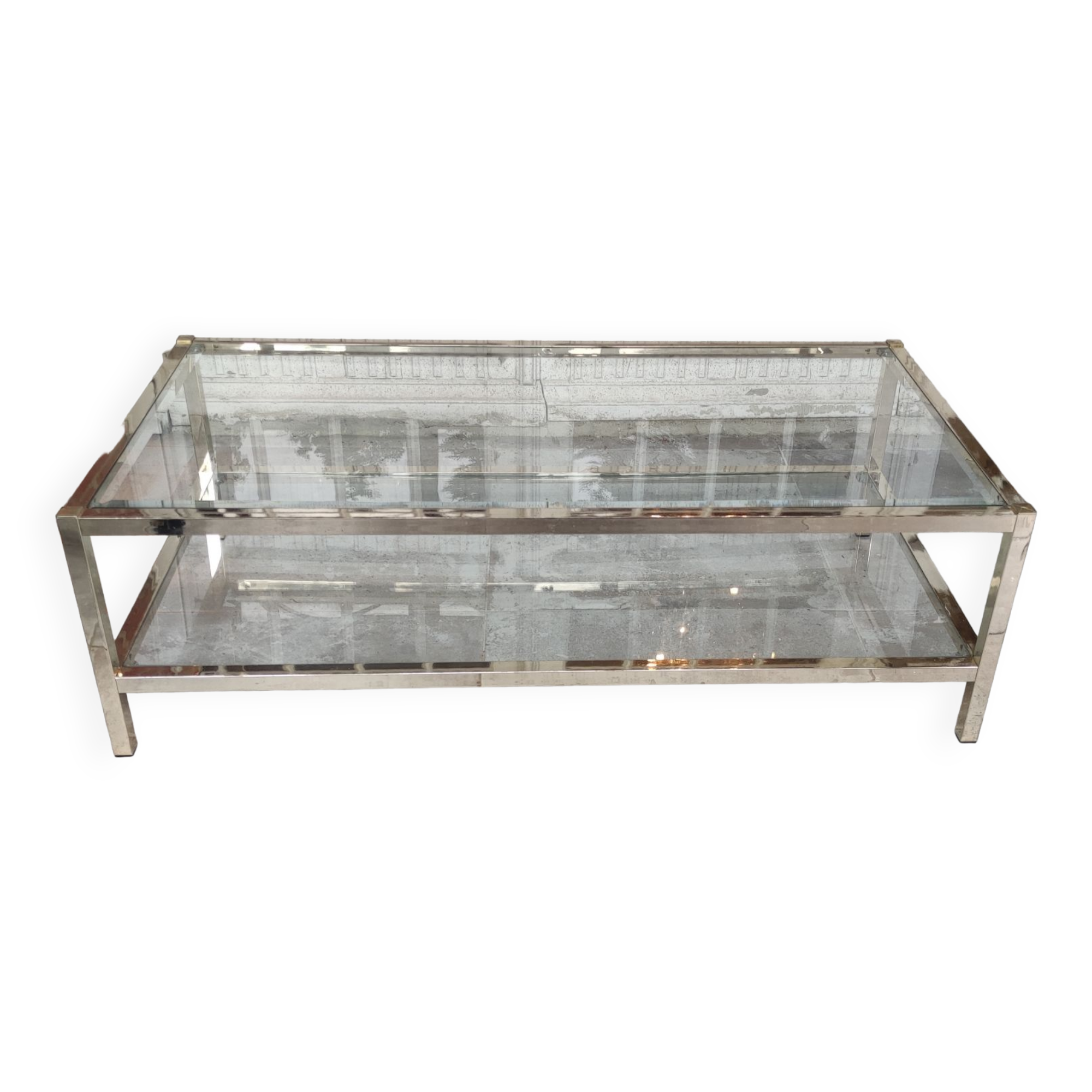 Table basse design métal doré et plateau verre biseauté
