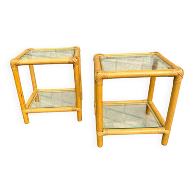 Paire de tables d’appoint en rotin et verre – style vintage années 70