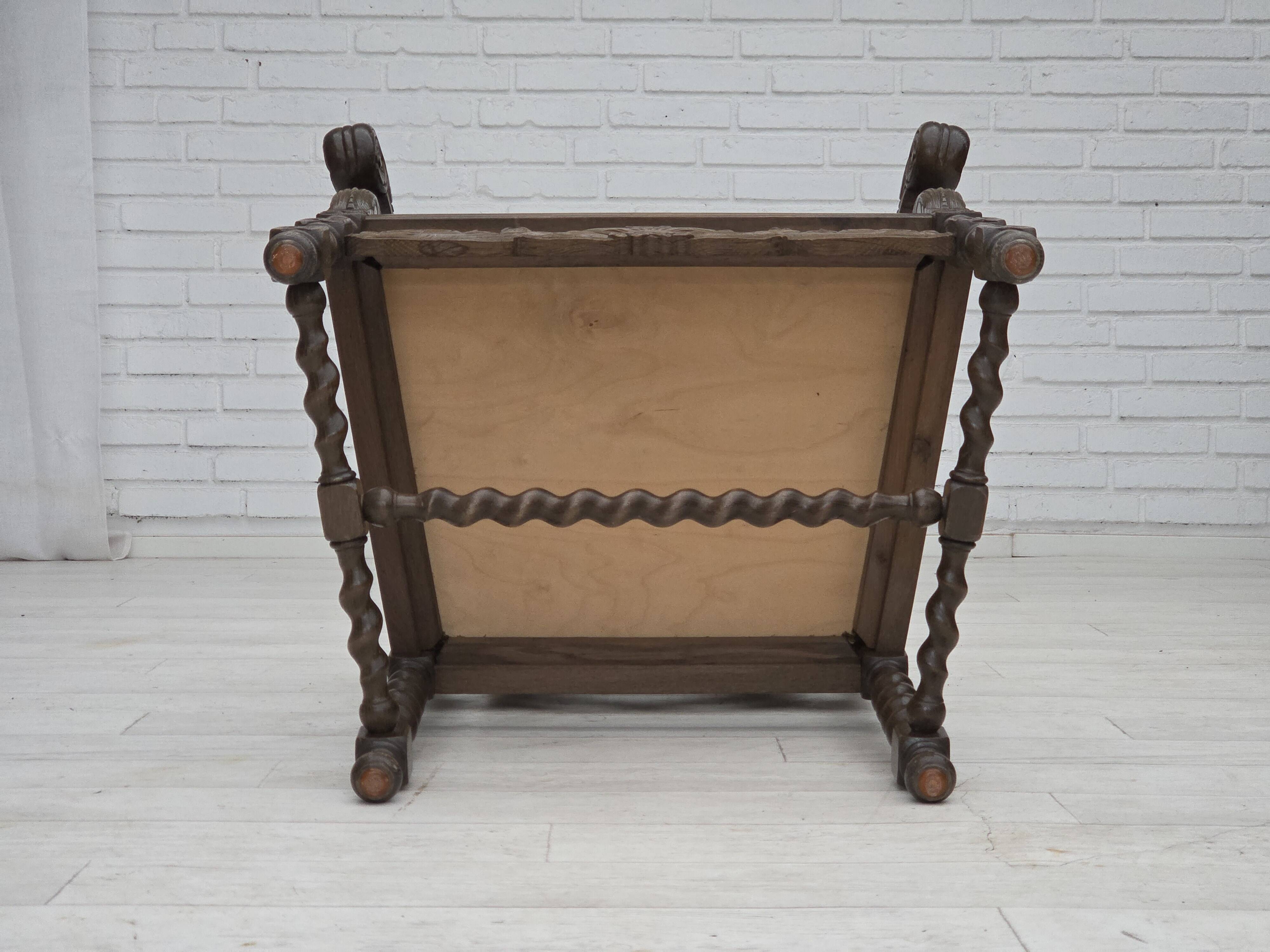 1930s, Danish highback armchair, furniture mesh, velour, carved oak wood.