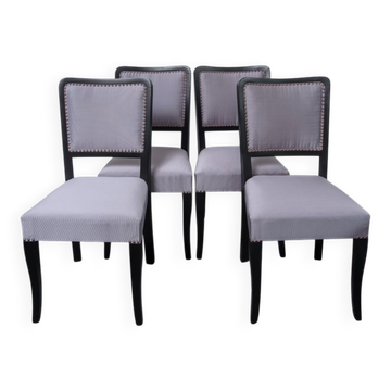 Set of 4 black and grey Art Deco chairs made of painted wood and upholstery fabric.