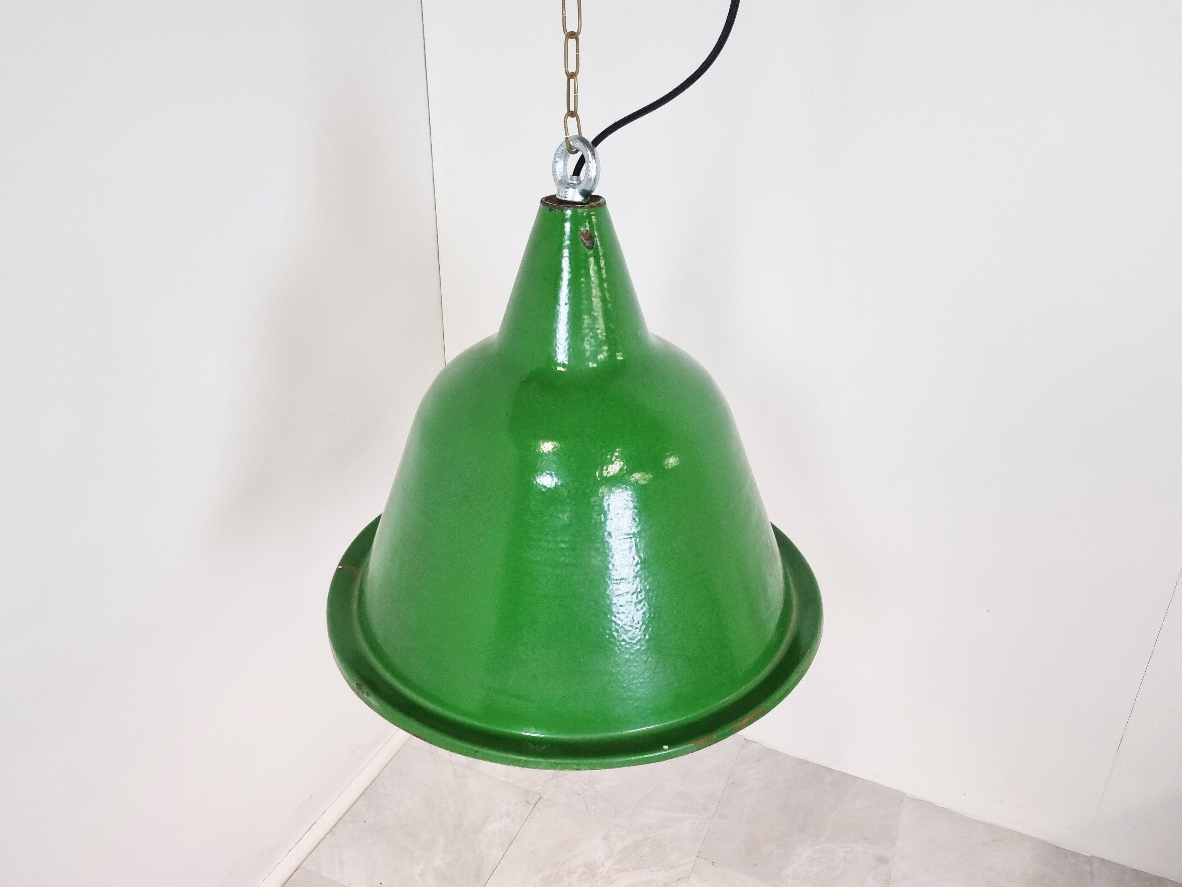 Large vintage industrial green enamel pendant lights, 1960s