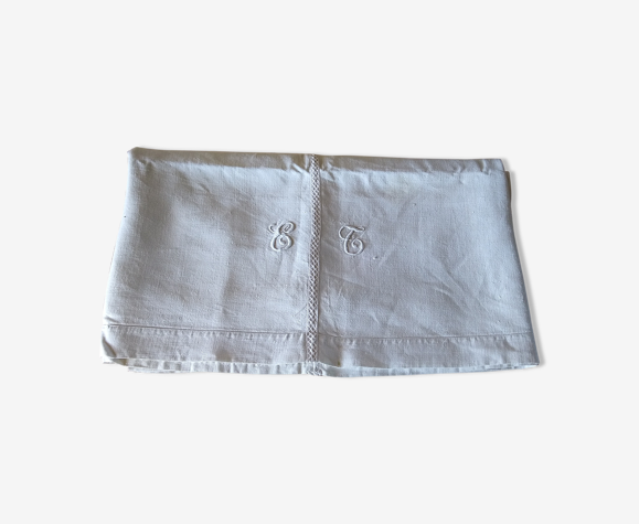 Drap ancien en lin chanvre blanc brodé et monogrammé avec les lettres E & F - 190 * 286
