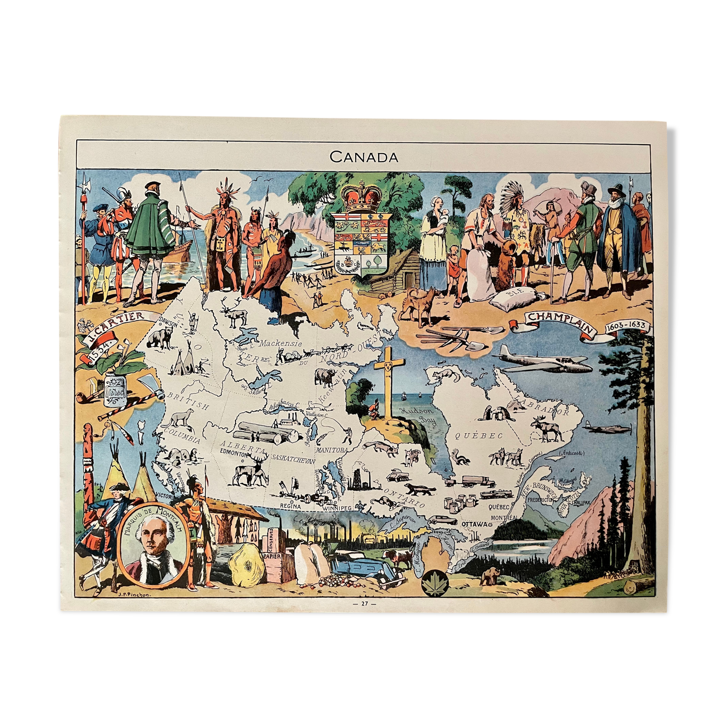 Affiche ancienne carte illustrée du Canada de 1948 - JP Pinchon