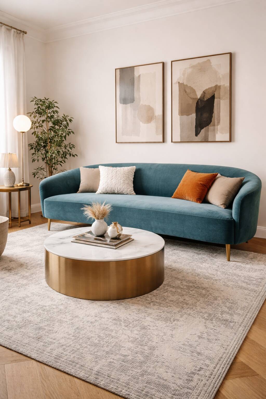 Blue velvet rounded canapé design 214 cm Art Deco style – as new KAOLIN