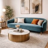 Blue velvet rounded canapé design 214 cm Art Deco style – as new KAOLIN