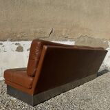 Canapé 3 places en aluminium brossé et cuir marron, France, 1970