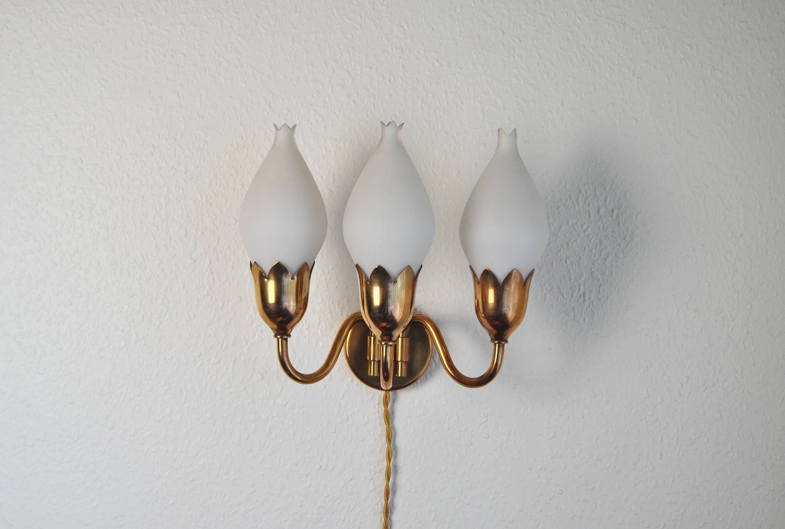 Fog & Mørup 3-Arm Brass and Opaline Glass Tulip Wall Lamp