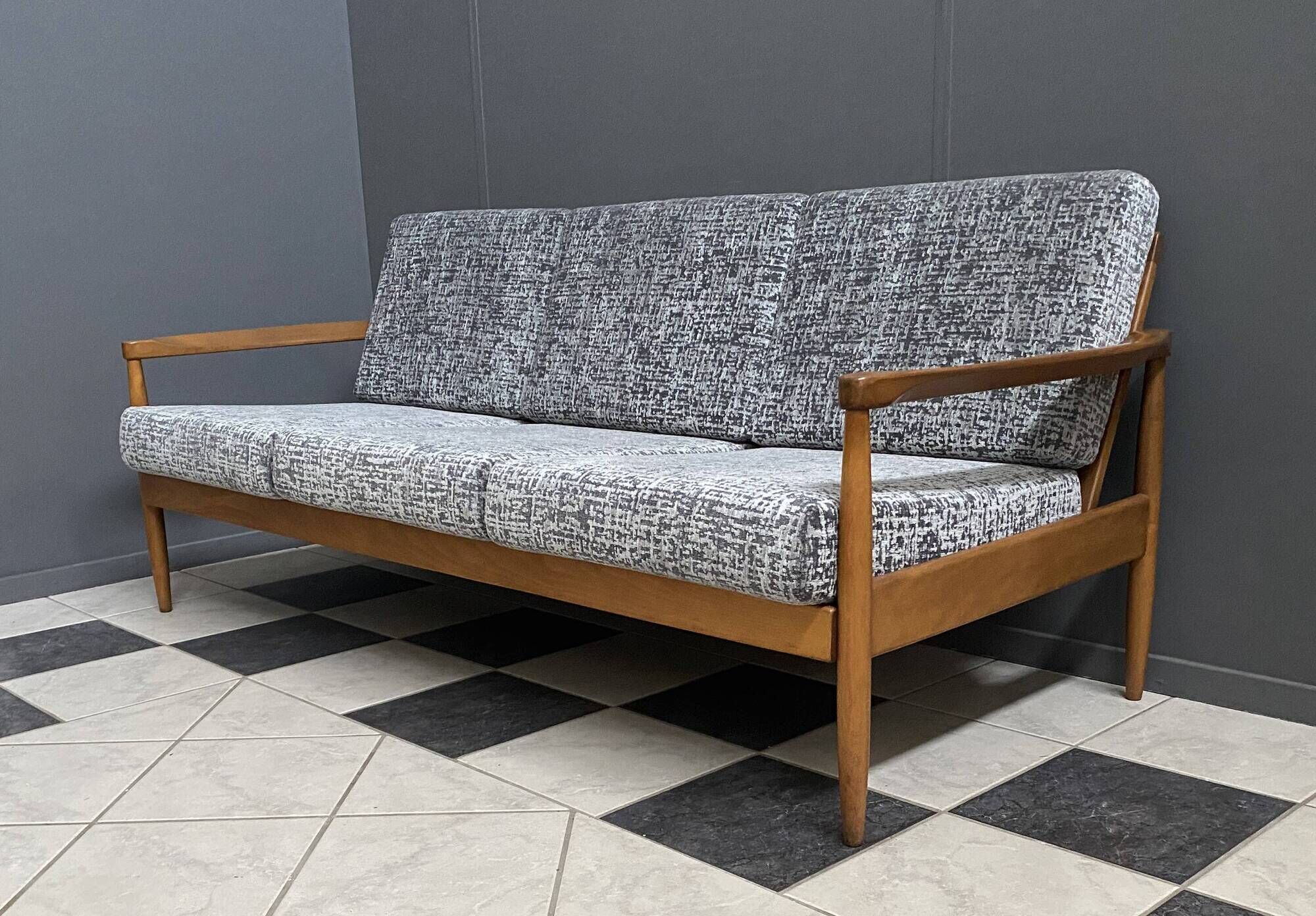 Grey fabric and wood 3 seat sofa 1960s