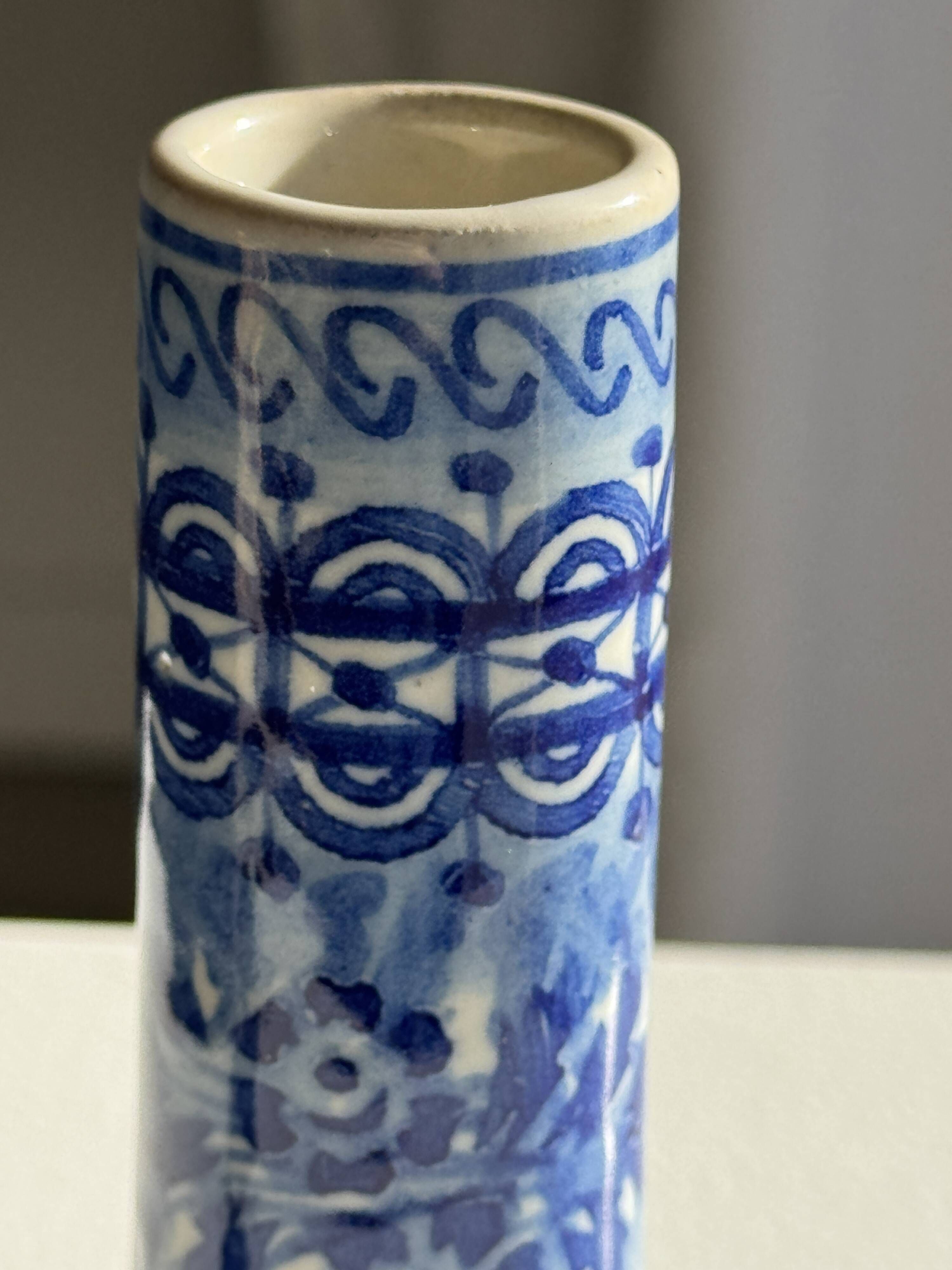 Vintage blue and white earthenware soliflore vase from Portugal.