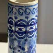 Vintage blue and white earthenware soliflore vase from Portugal.