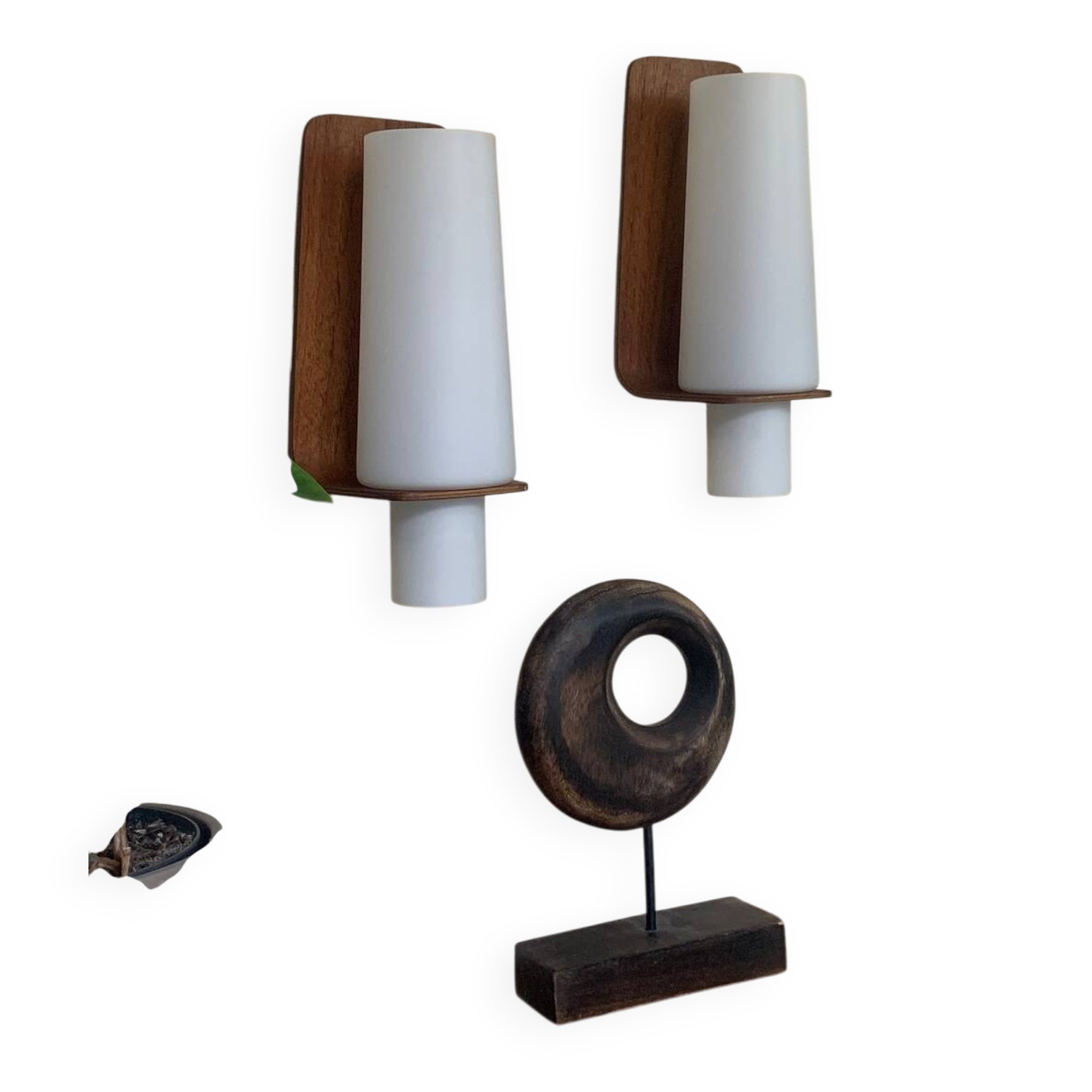 Vintage Scandinavian teak and opaline wall lights