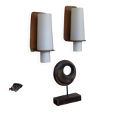 Vintage Scandinavian teak and opaline wall lights