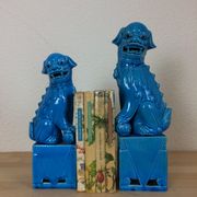 Paire de serre livres chien de Fo céramique bleue