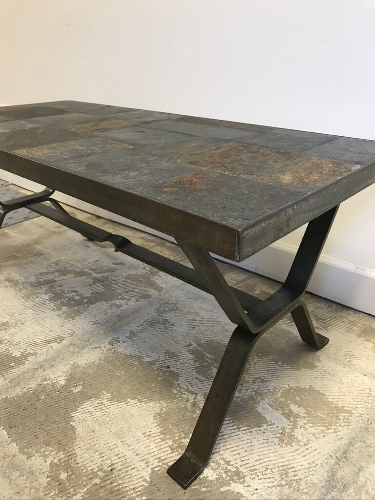 Wrought iron table slate tiles 1960