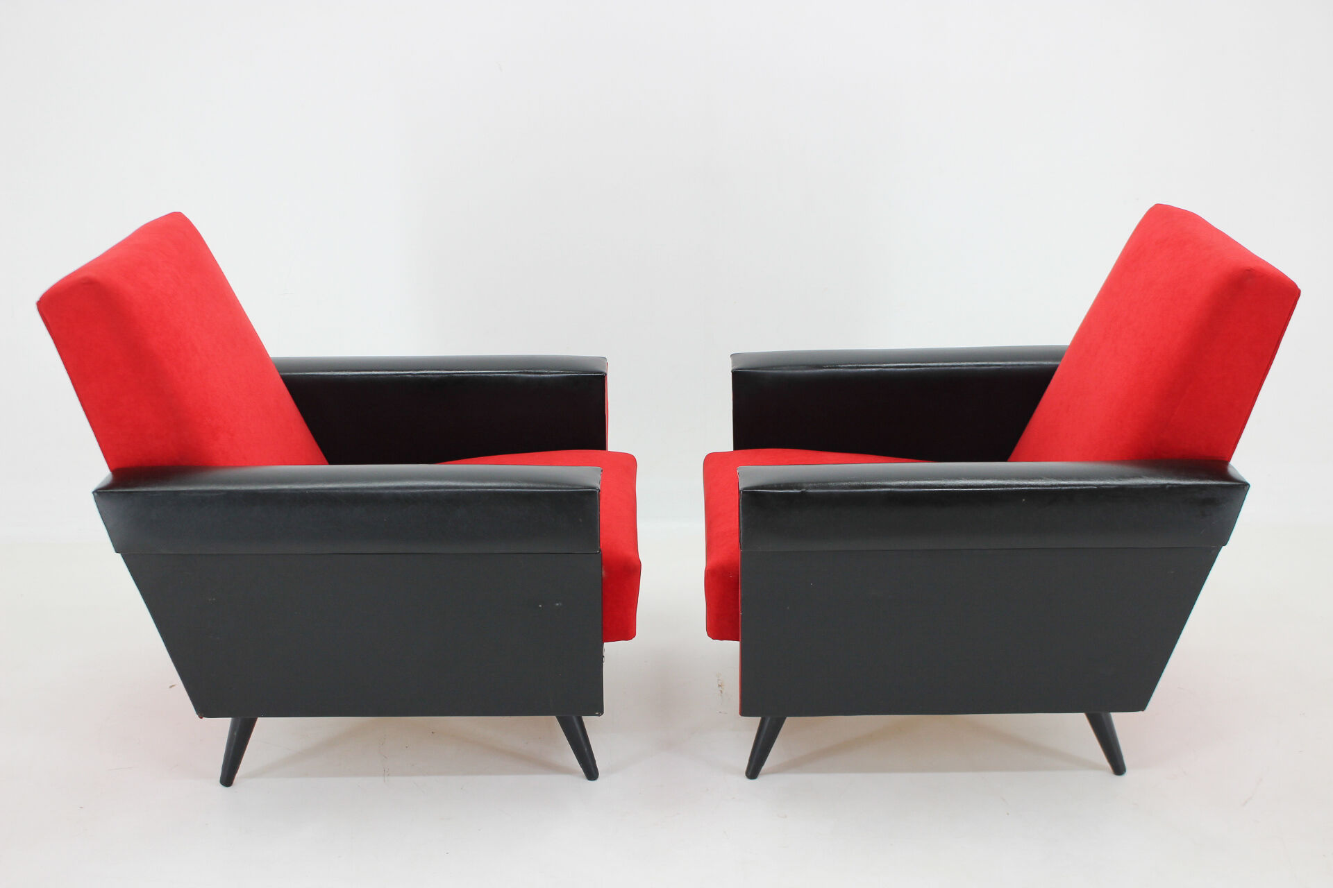 1970's pair of leatherette and red fabric armchairs, Czechoslovakia