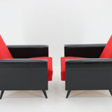 Paire de fauteuils en similicuir et en tissu rouge des années 1970, Tchécoslovaquie