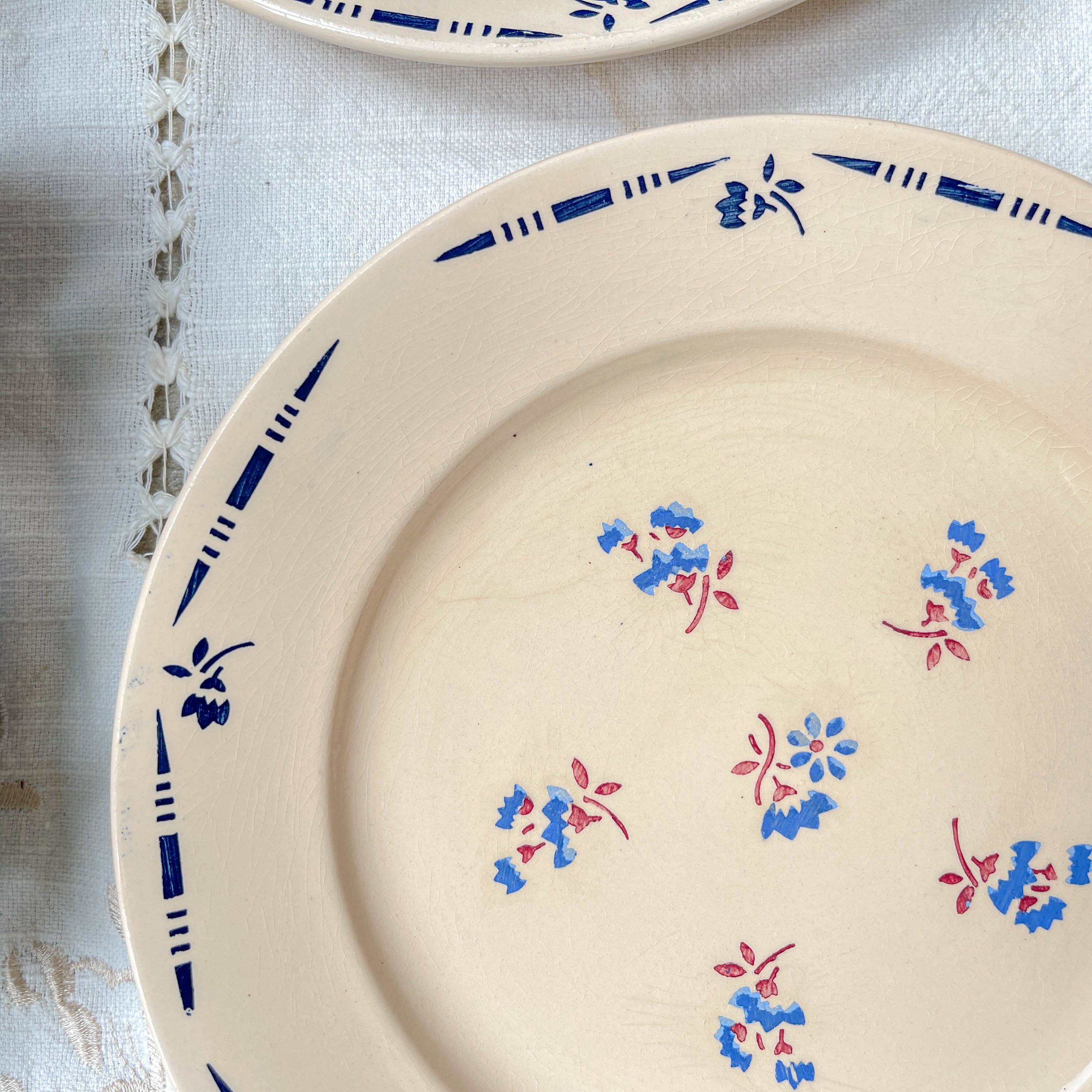 6 vintage K&G Luneville "Flore" porcelain dinner plates, 1950s, small blue flowers