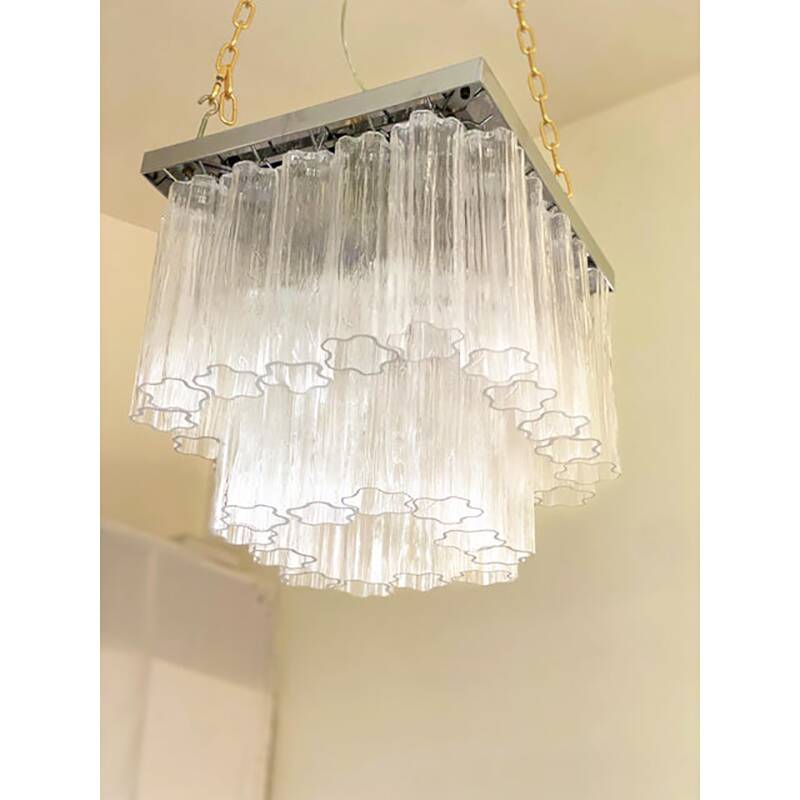 Plafonnier "Tronchi" contemporain transparent en verre de Murano de style Venini carré Spoutnik