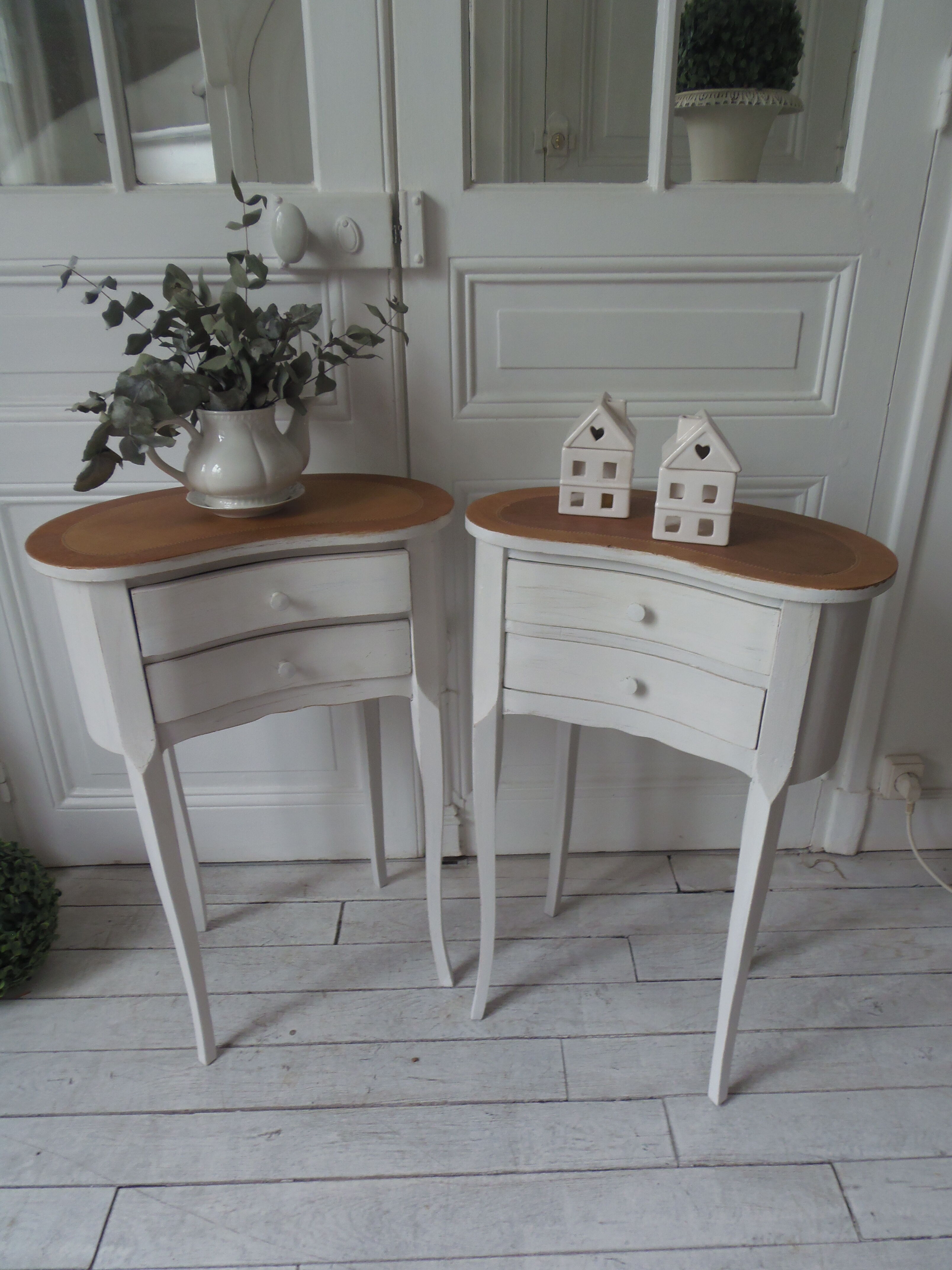 Vintage bedsides patinated pearl grey, branded wooden trays