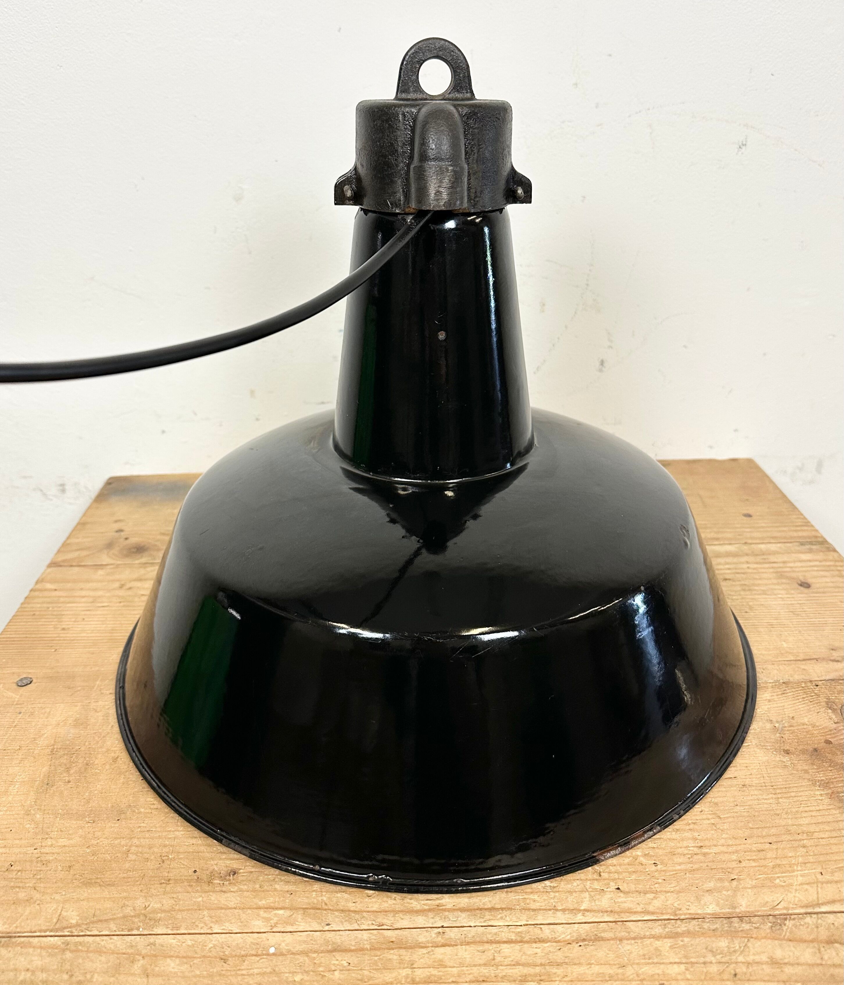 Industrial Black Enamel Factory Lamp with Cast Iron Top, 1950s
