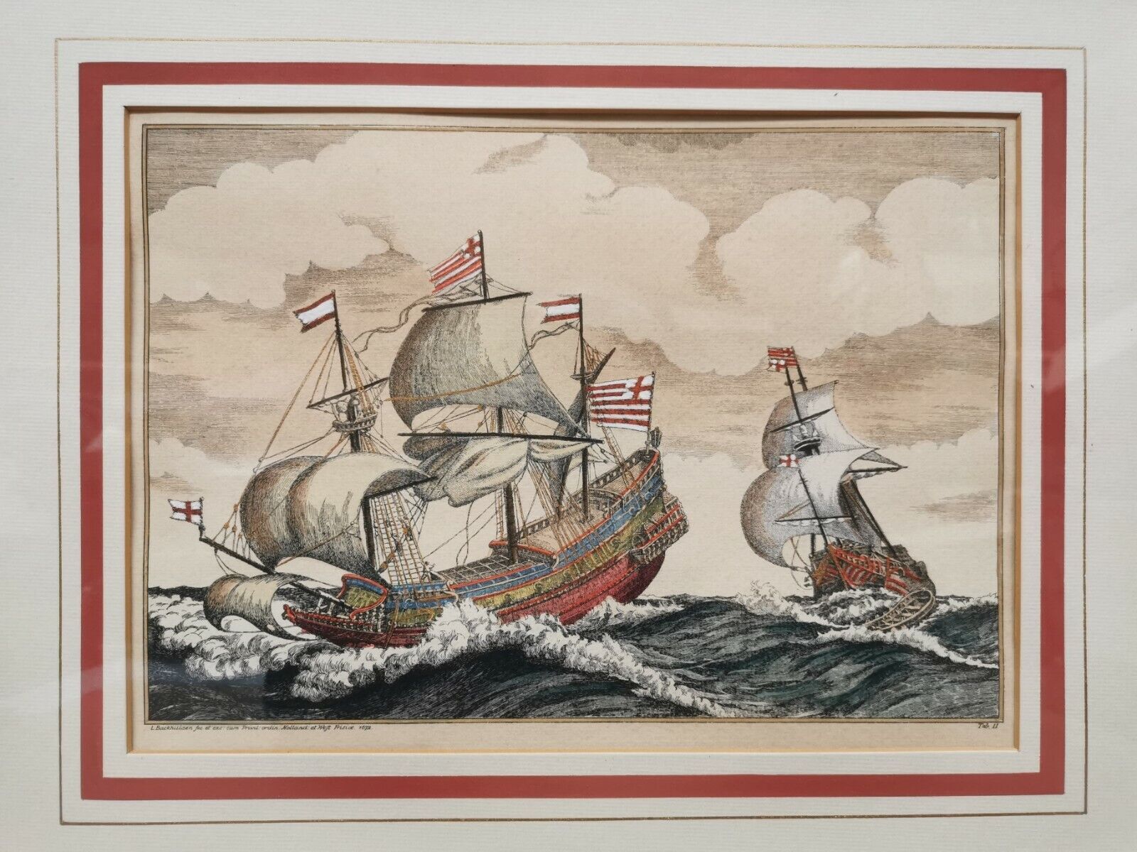 Beautiful setting marine boats ships galions, litho. holland 1672