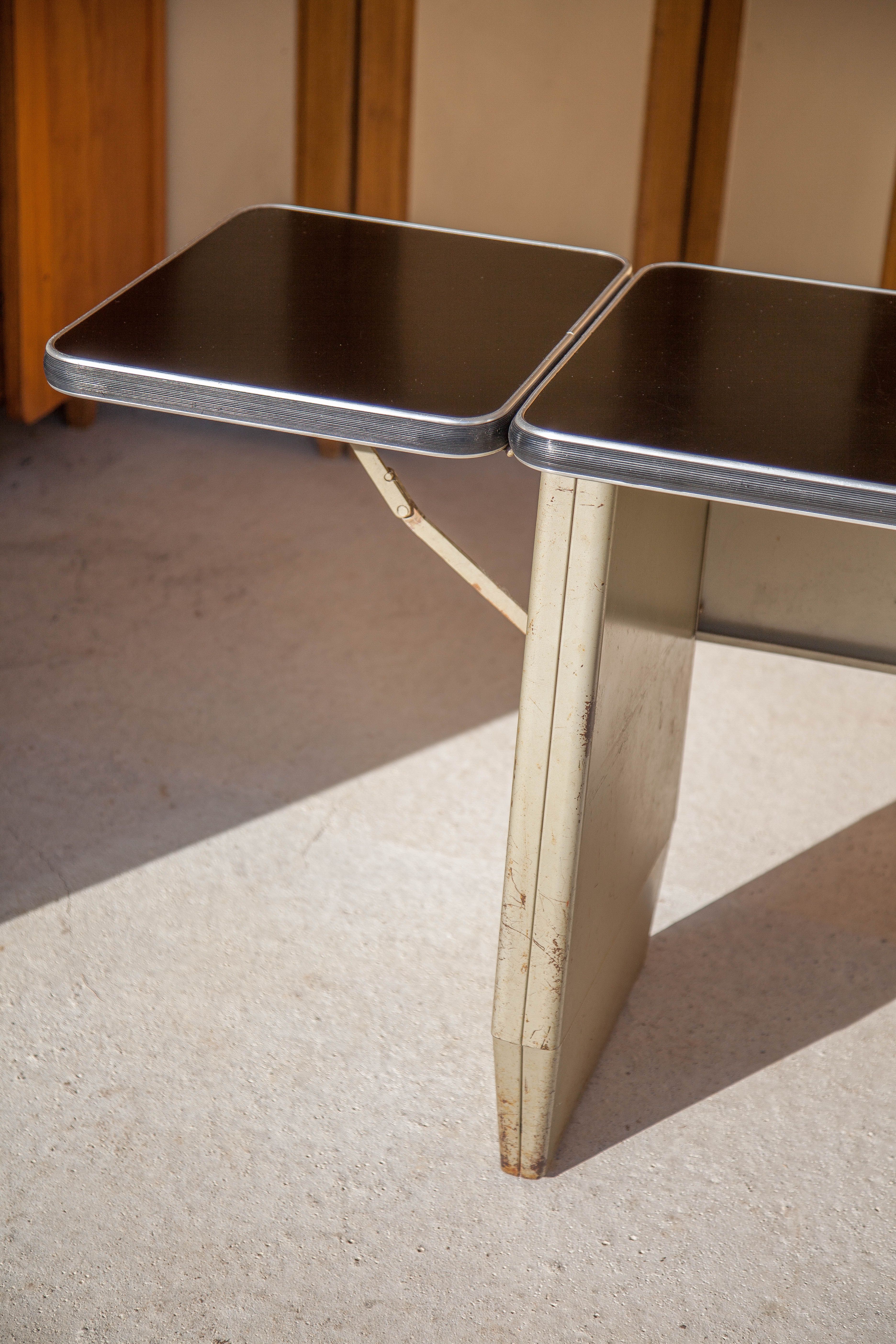 Vintage metal desk, desk with drawers and folding shelf, vintage desk